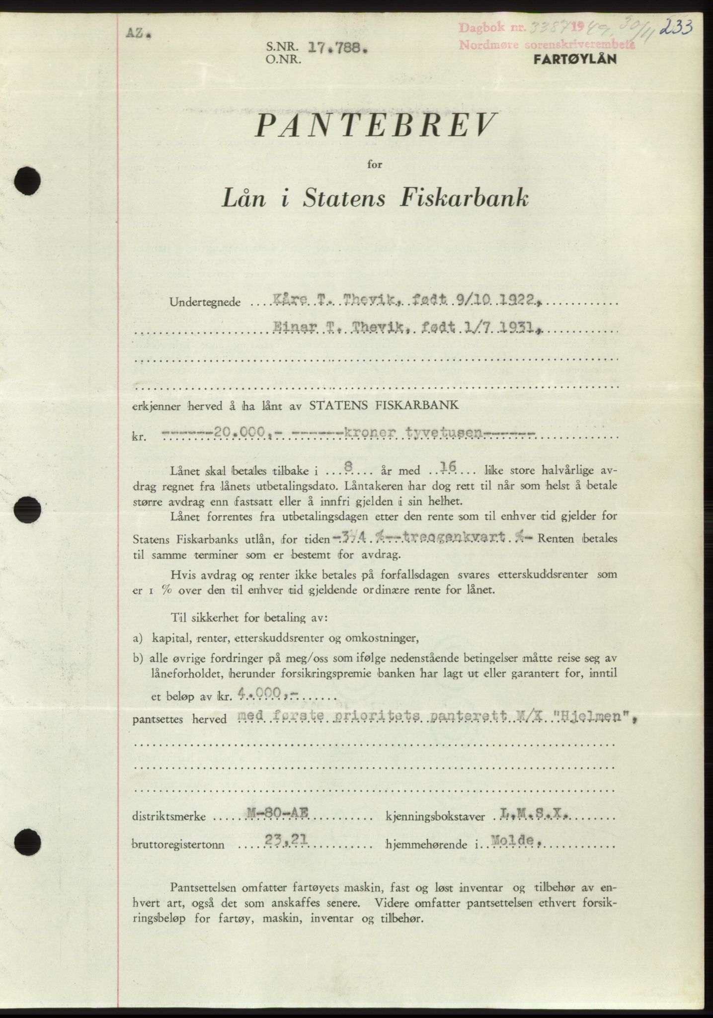 Nordmøre sorenskriveri, SAT/A-4132/1/2/2Ca: Pantebok nr. B103, 1949-1950, Dagboknr: 3387/1949