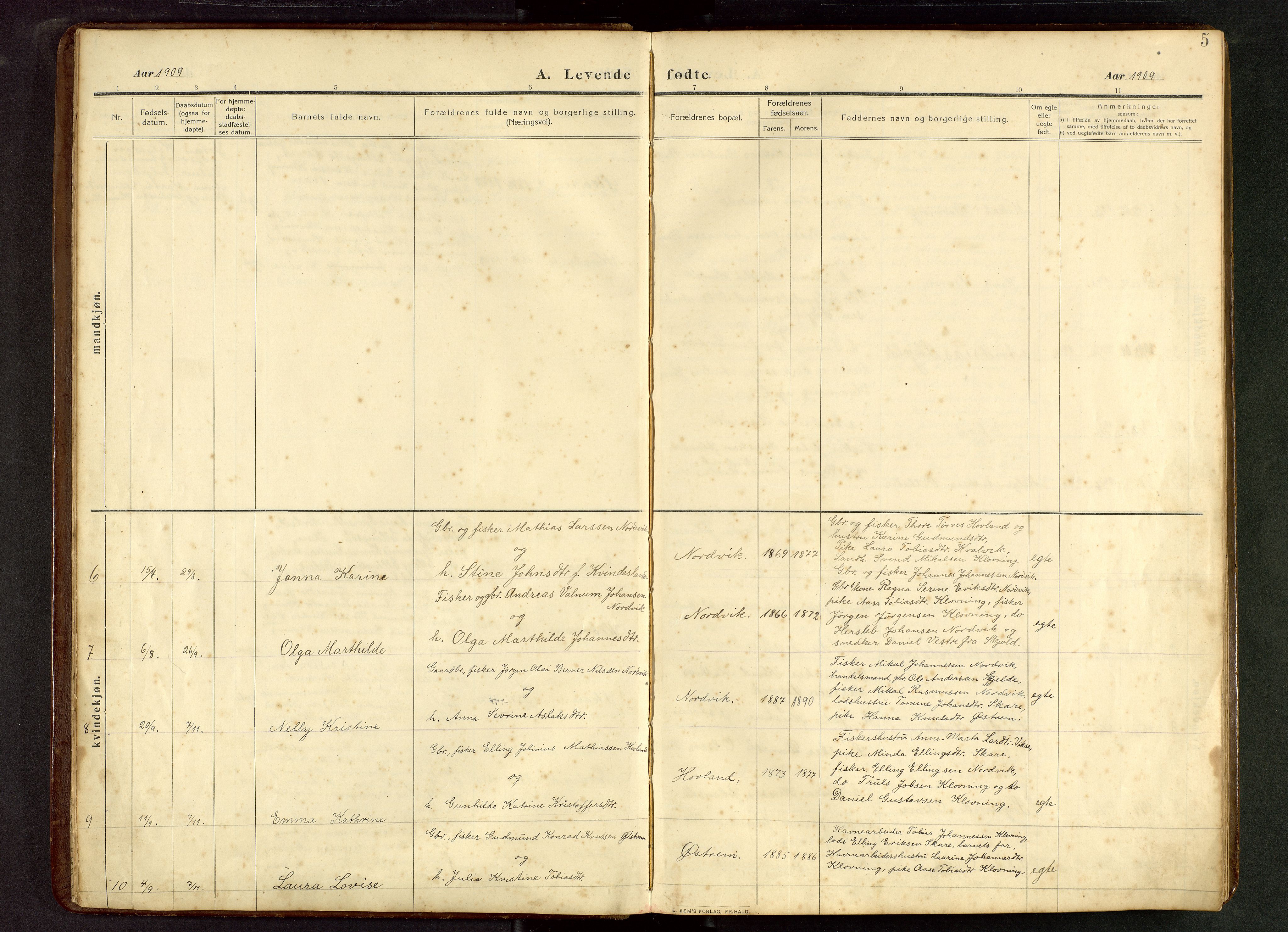 Torvastad sokneprestkontor, SAST/A -101857/H/Ha/Hab/L0012: Klokkerbok nr. B 12, 1909-1945, s. 5