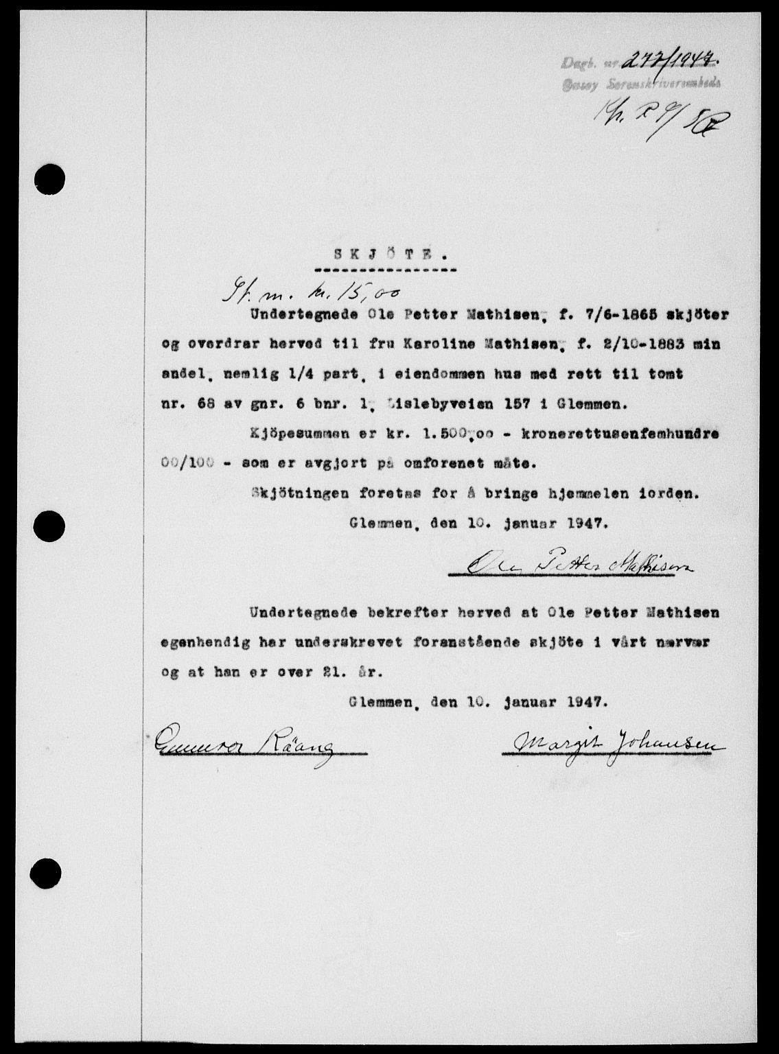 Onsøy sorenskriveri, AV/SAO-A-10474/G/Ga/Gab/L0018: Pantebok nr. II A-18, 1946-1947, Dagboknr: 277/1947