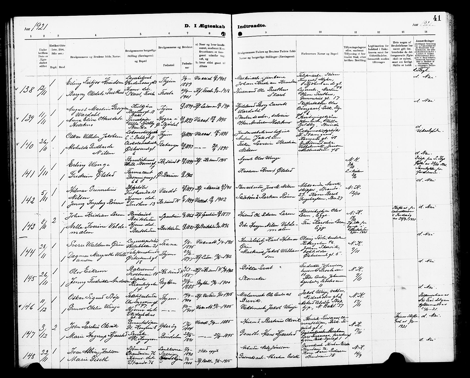 Ministerialprotokoller, klokkerbøker og fødselsregistre - Sør-Trøndelag, AV/SAT-A-1456/605/L0257: Klokkerbok nr. 605C04, 1916-1922, s. 41