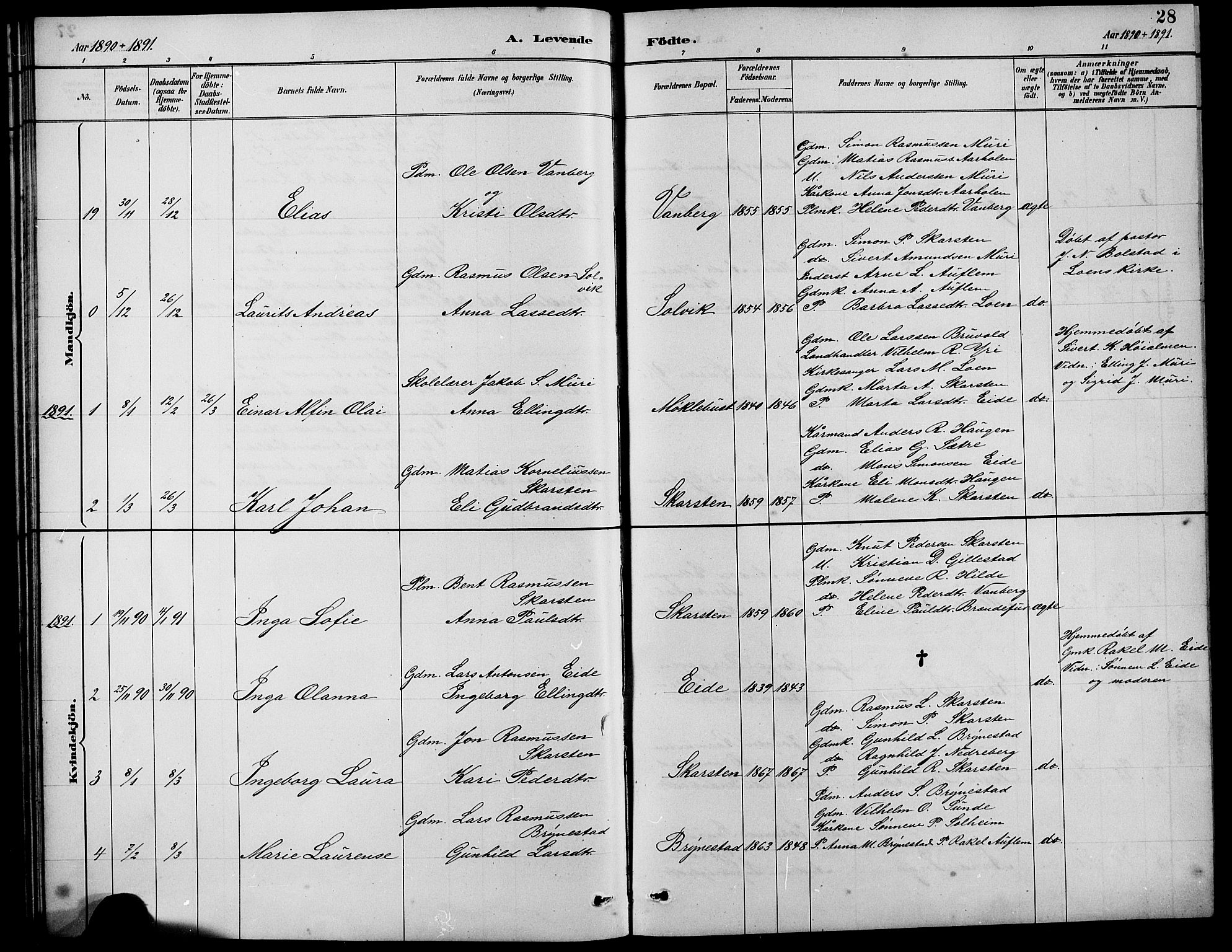 Innvik sokneprestembete, AV/SAB-A-80501: Klokkerbok nr. B 3, 1886-1897, s. 28