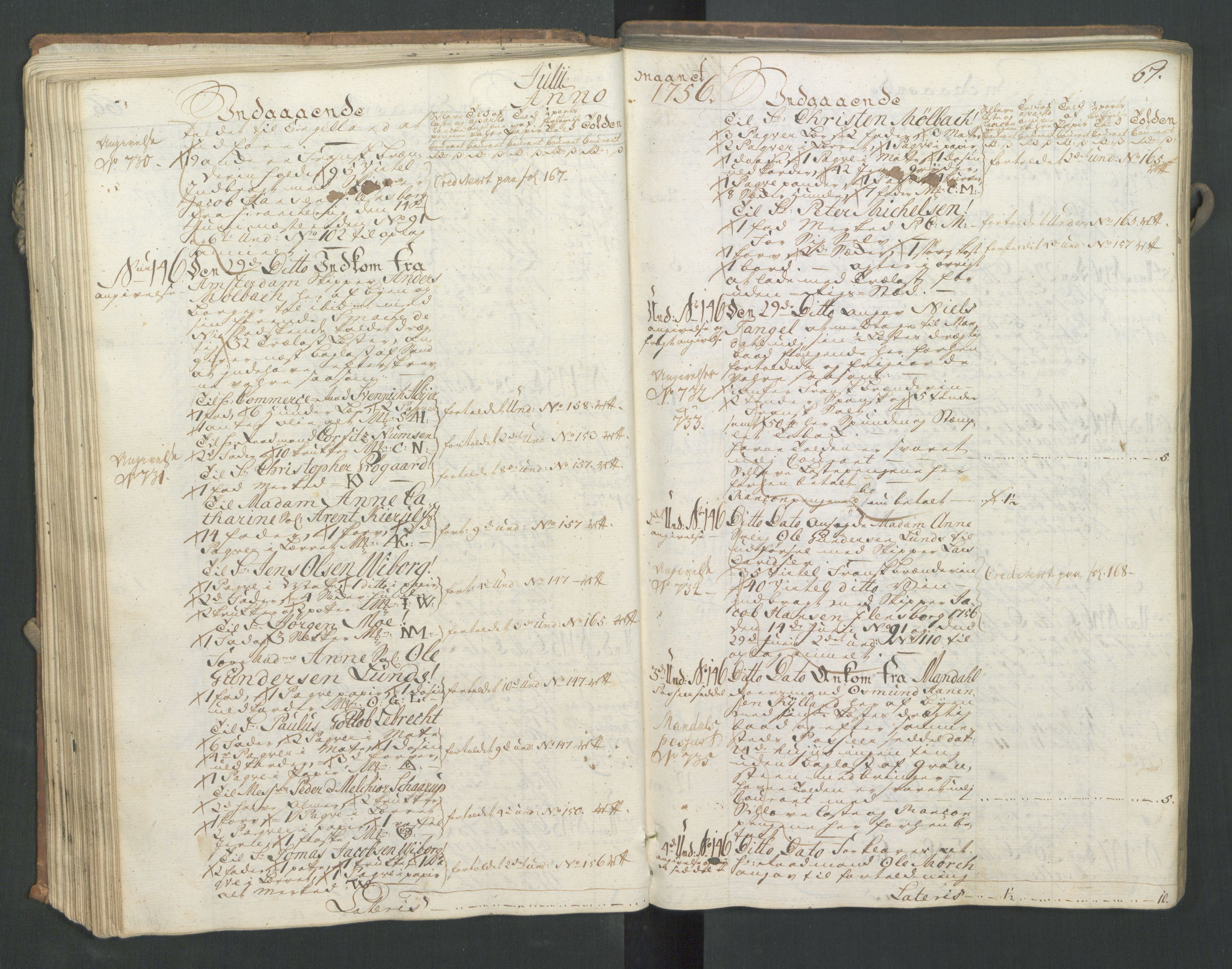 Generaltollkammeret, tollregnskaper, AV/RA-EA-5490/R16/L0033/0001: Tollregnskaper Kristiansand / Inngående hovedtollbok, 1756, s. 66b-67a