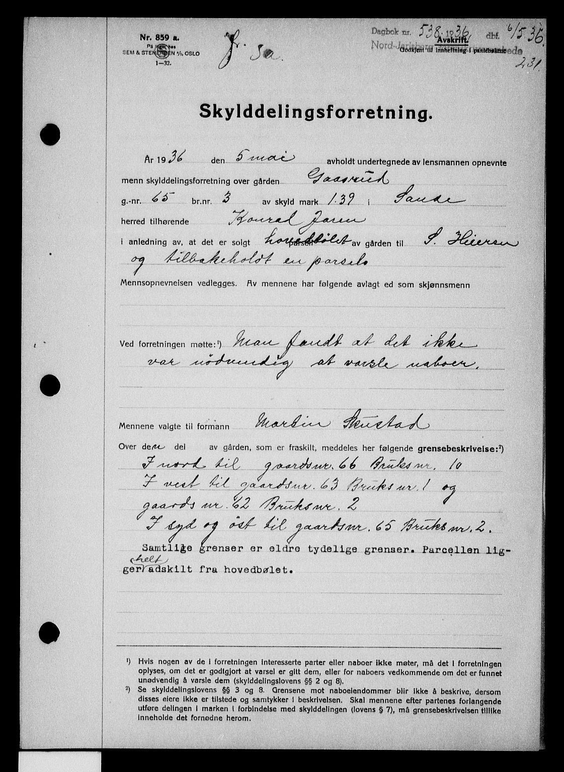 Holmestrand sorenskriveri, SAKO/A-67/G/Ga/Gaa/L0047: Pantebok nr. A-47, 1936-1936, Dagboknr: 538/1936