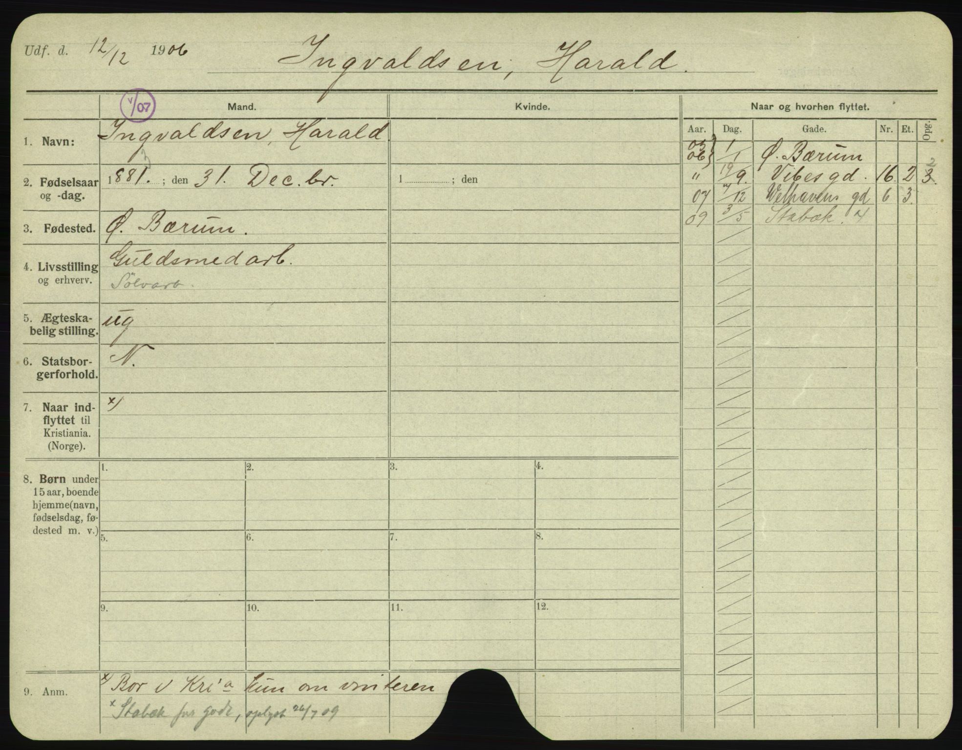 Oslo folkeregister, Registerkort, AV/SAO-A-11715/F/Fa/Fac/L0005: Menn, 1906-1914, s. 17a