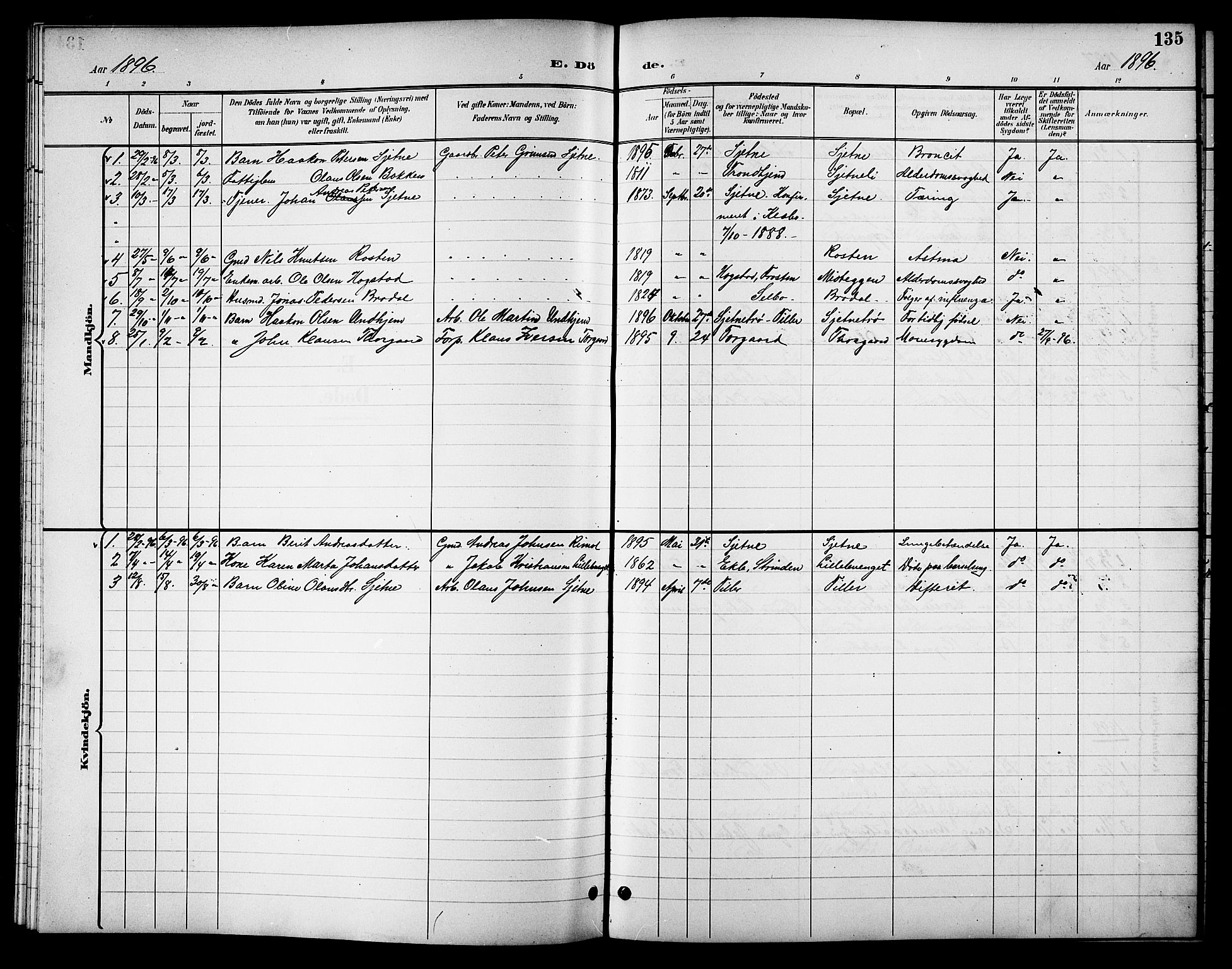 Ministerialprotokoller, klokkerbøker og fødselsregistre - Sør-Trøndelag, SAT/A-1456/621/L0460: Klokkerbok nr. 621C03, 1896-1914, s. 135