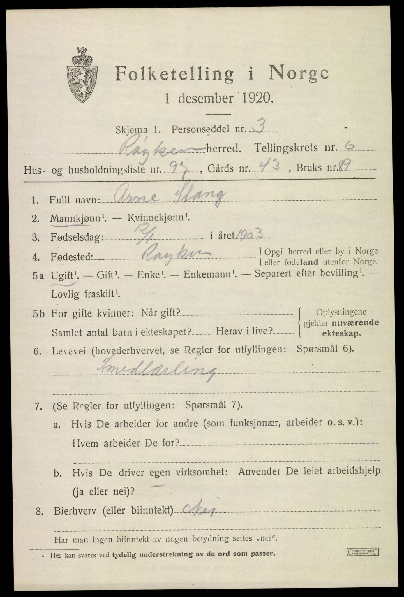 SAKO, Folketelling 1920 for 0627 Røyken herred, 1920, s. 10914