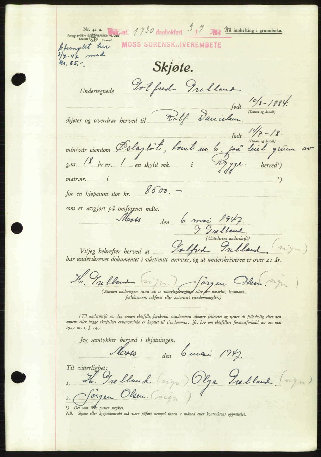 Moss sorenskriveri, SAO/A-10168: Pantebok nr. A17, 1947-1947, Dagboknr: 1730/1947
