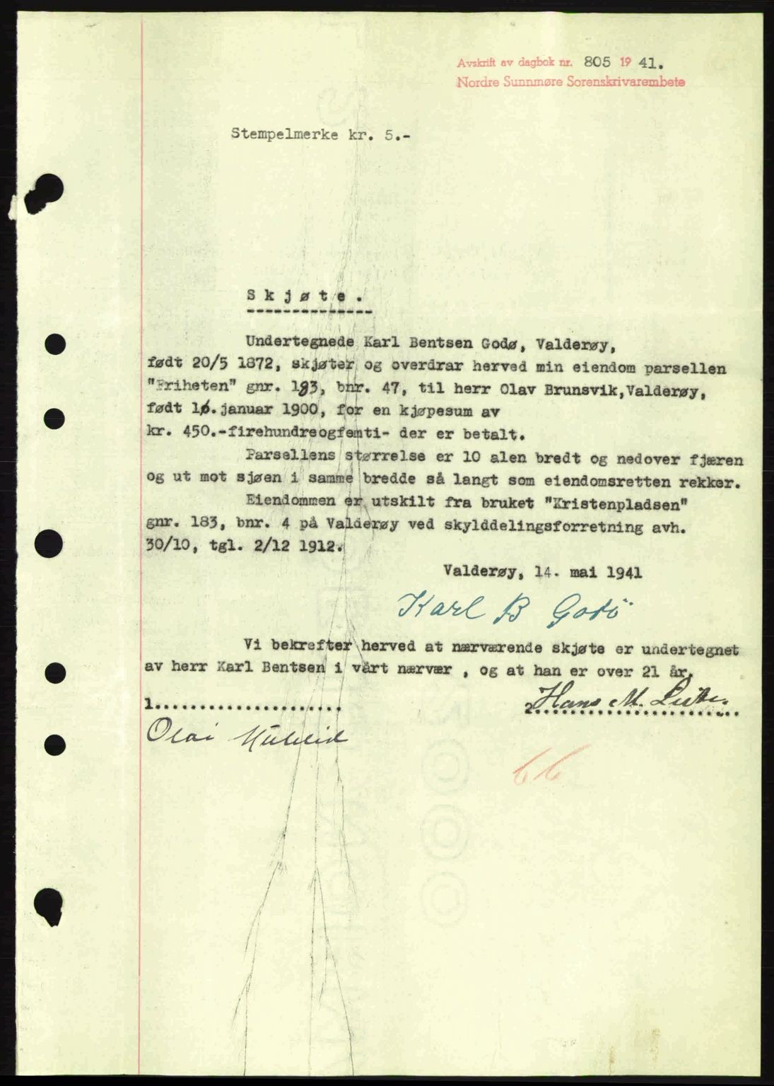 Nordre Sunnmøre sorenskriveri, SAT/A-0006/1/2/2C/2Ca: Pantebok nr. A11, 1941-1941, Dagboknr: 805/1941