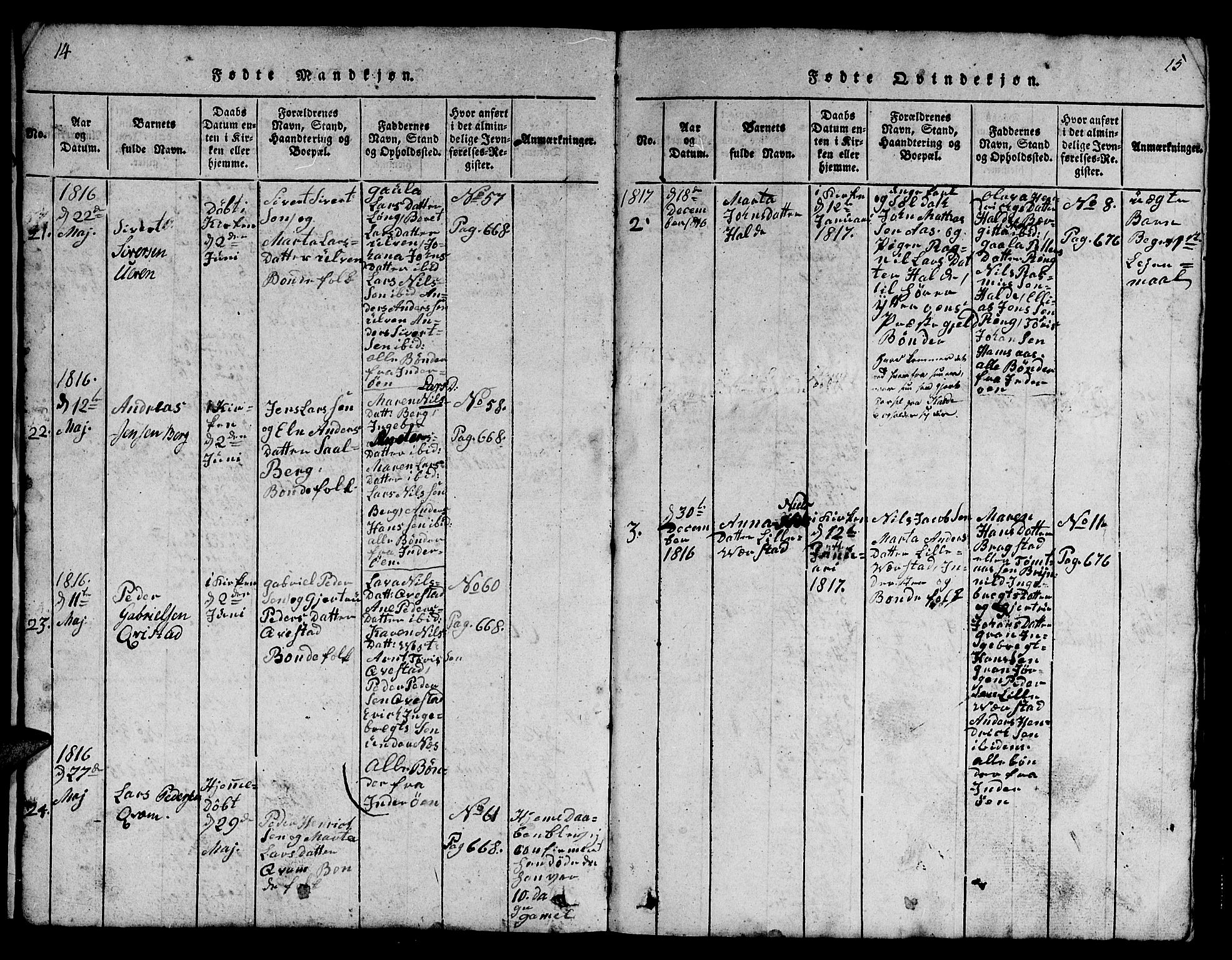 Ministerialprotokoller, klokkerbøker og fødselsregistre - Nord-Trøndelag, SAT/A-1458/730/L0298: Klokkerbok nr. 730C01, 1816-1849, s. 14-15