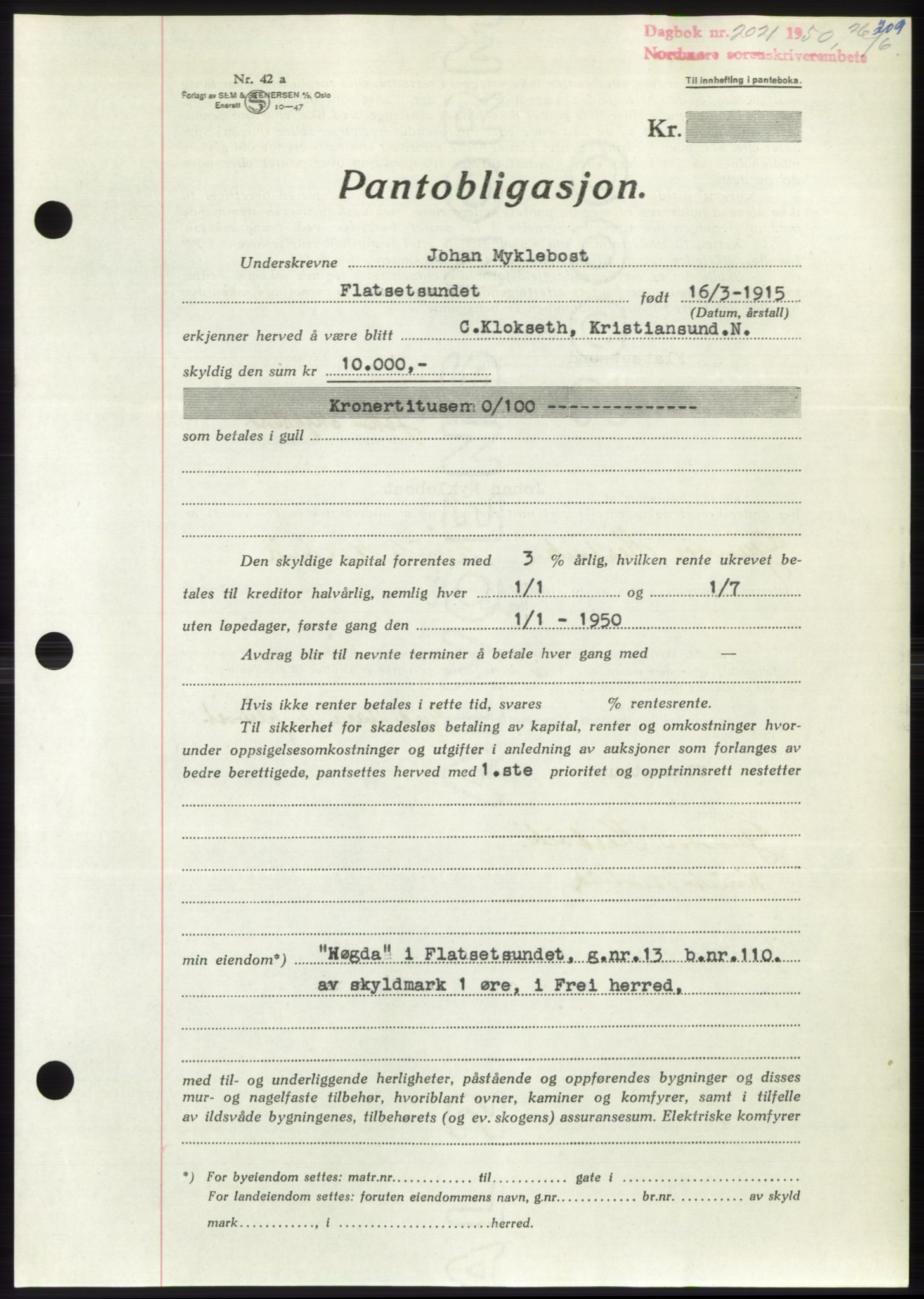 Nordmøre sorenskriveri, AV/SAT-A-4132/1/2/2Ca: Pantebok nr. B105, 1950-1950, Dagboknr: 2021/1950