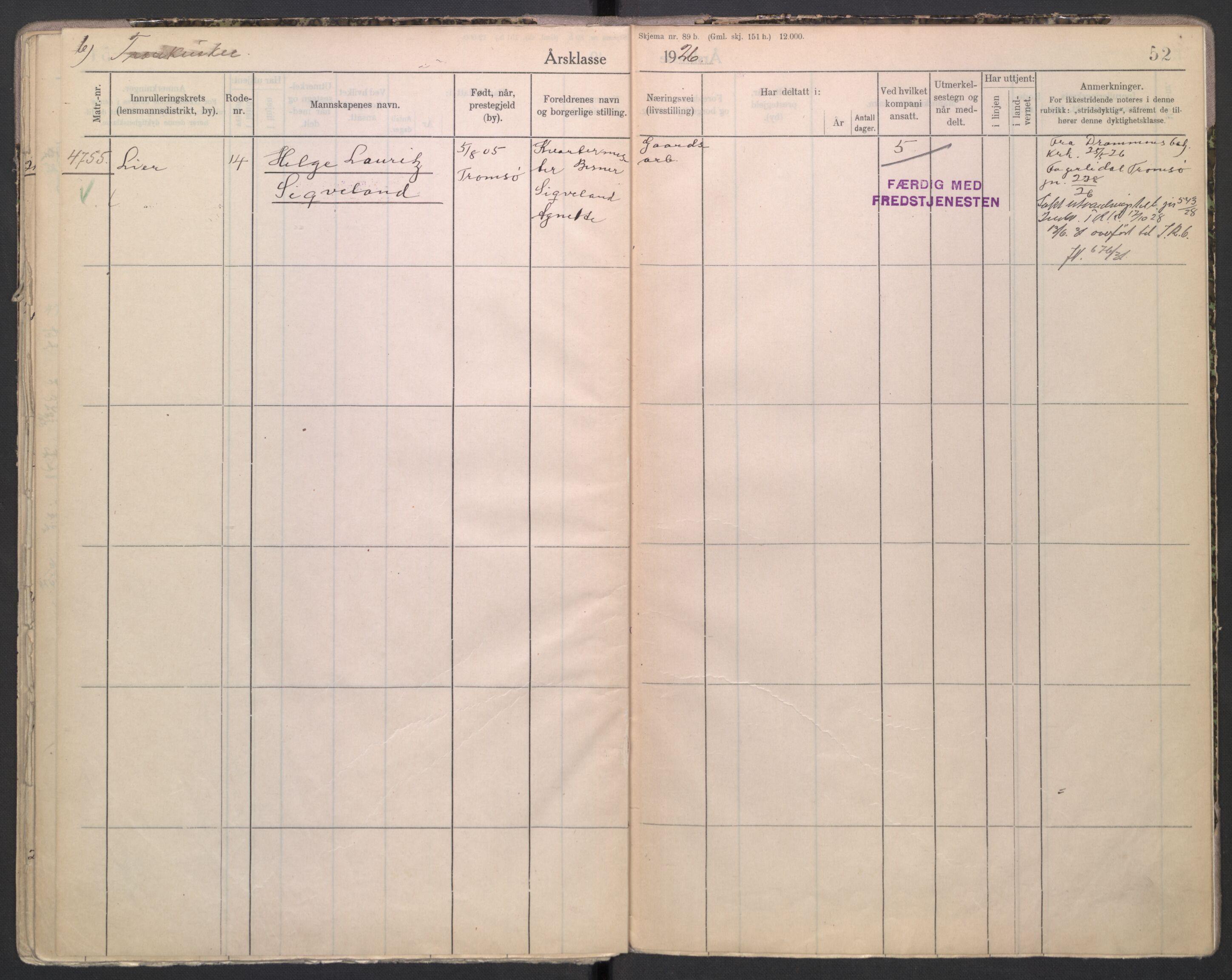 Forsvaret, Troms infanteriregiment nr. 16, AV/RA-RAFA-3146/P/Pa/L0004/0001: Ruller / Rulle for Bardu bataljons menige mannskaper, årsklasse 1926, 1926, s. 52