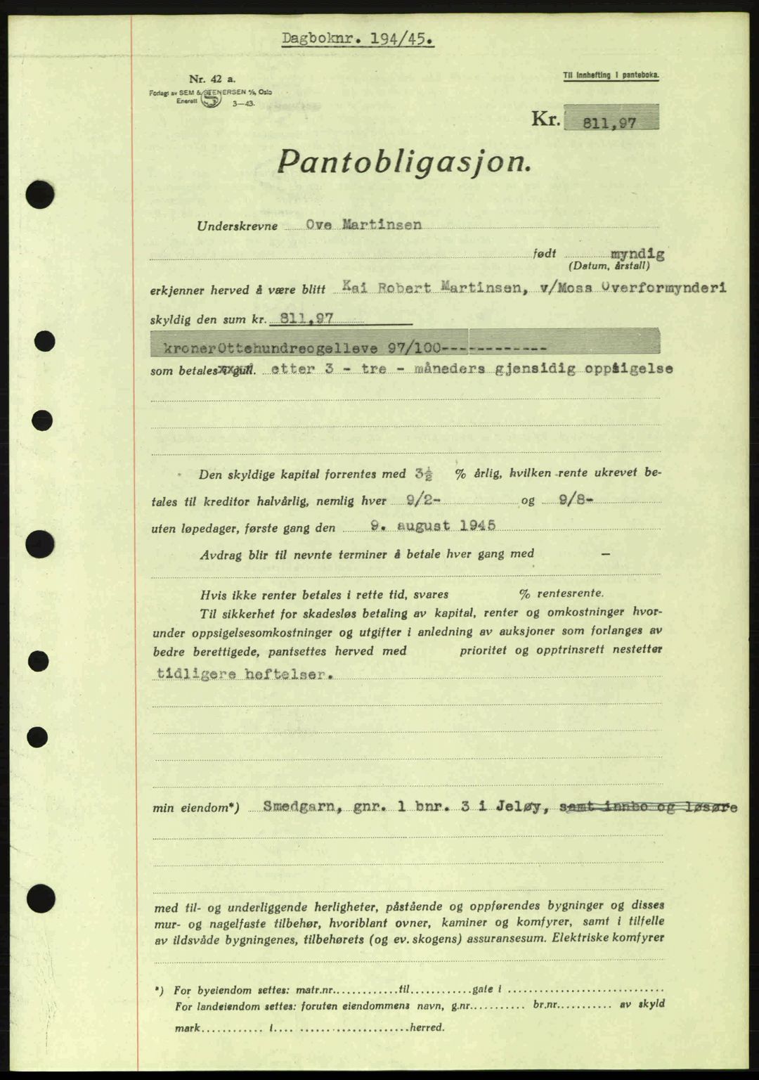Moss sorenskriveri, SAO/A-10168: Pantebok nr. B13, 1943-1945, Dagboknr: 194/1945