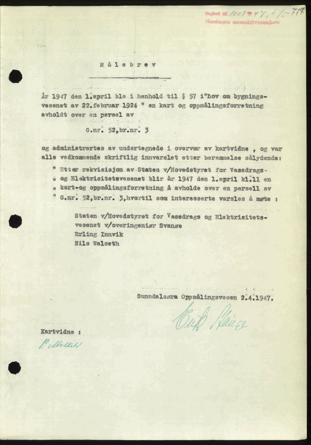 Nordmøre sorenskriveri, SAT/A-4132/1/2/2Ca: Pantebok nr. A104, 1947-1947, Dagboknr: 1003/1947