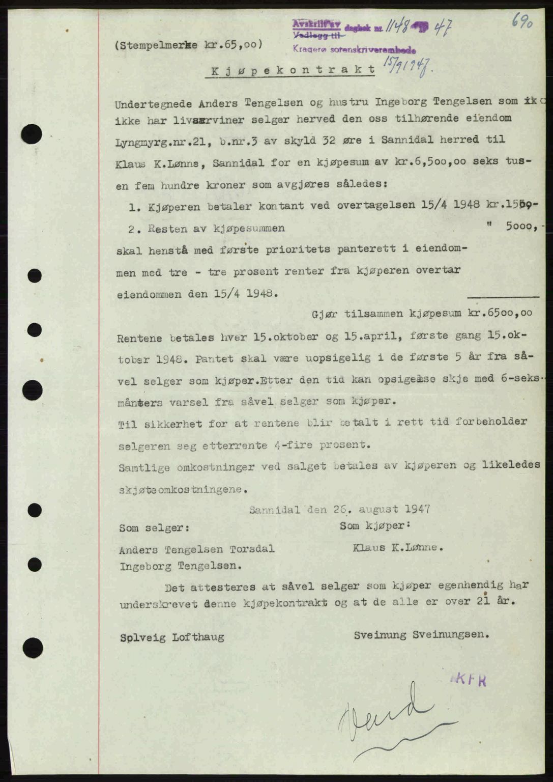 Kragerø sorenskriveri, SAKO/A-65/G/Ga/Gab/L0061: Pantebok nr. A-61, 1947-1947, Dagboknr: 1148/1947