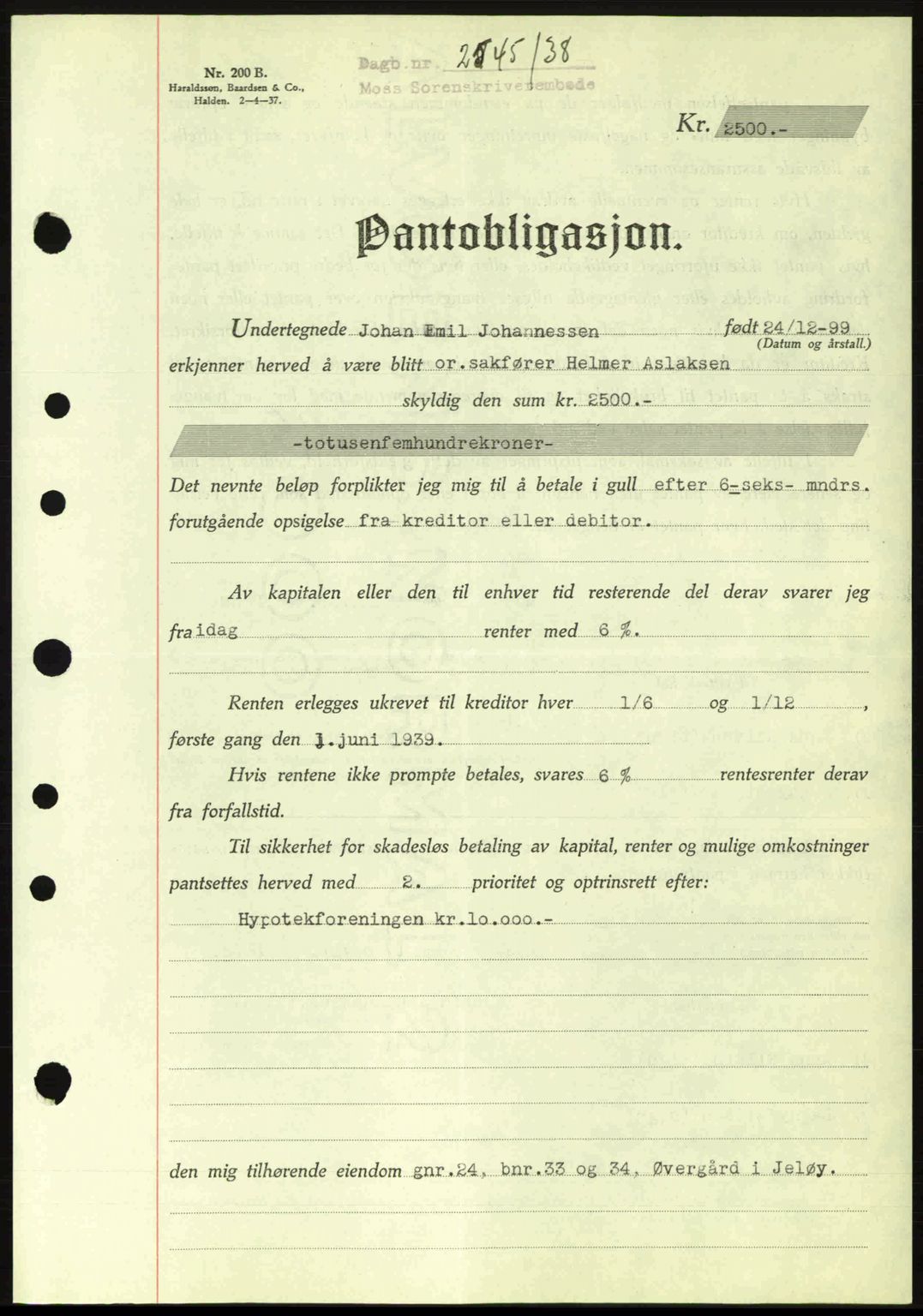 Moss sorenskriveri, SAO/A-10168: Pantebok nr. B6, 1938-1938, Dagboknr: 2545/1938
