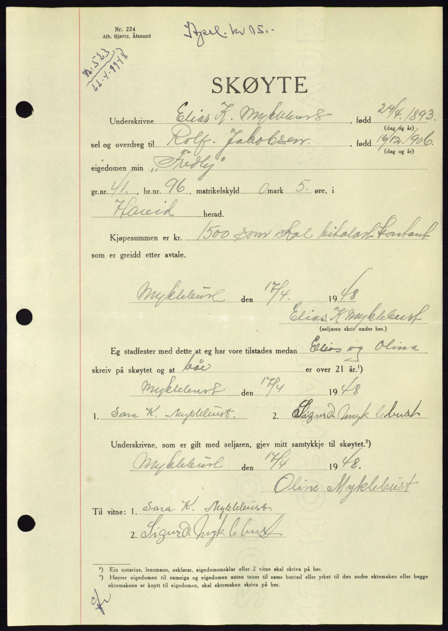 Søre Sunnmøre sorenskriveri, SAT/A-4122/1/2/2C/L0082: Pantebok nr. 8A, 1948-1948, Dagboknr: 523/1948