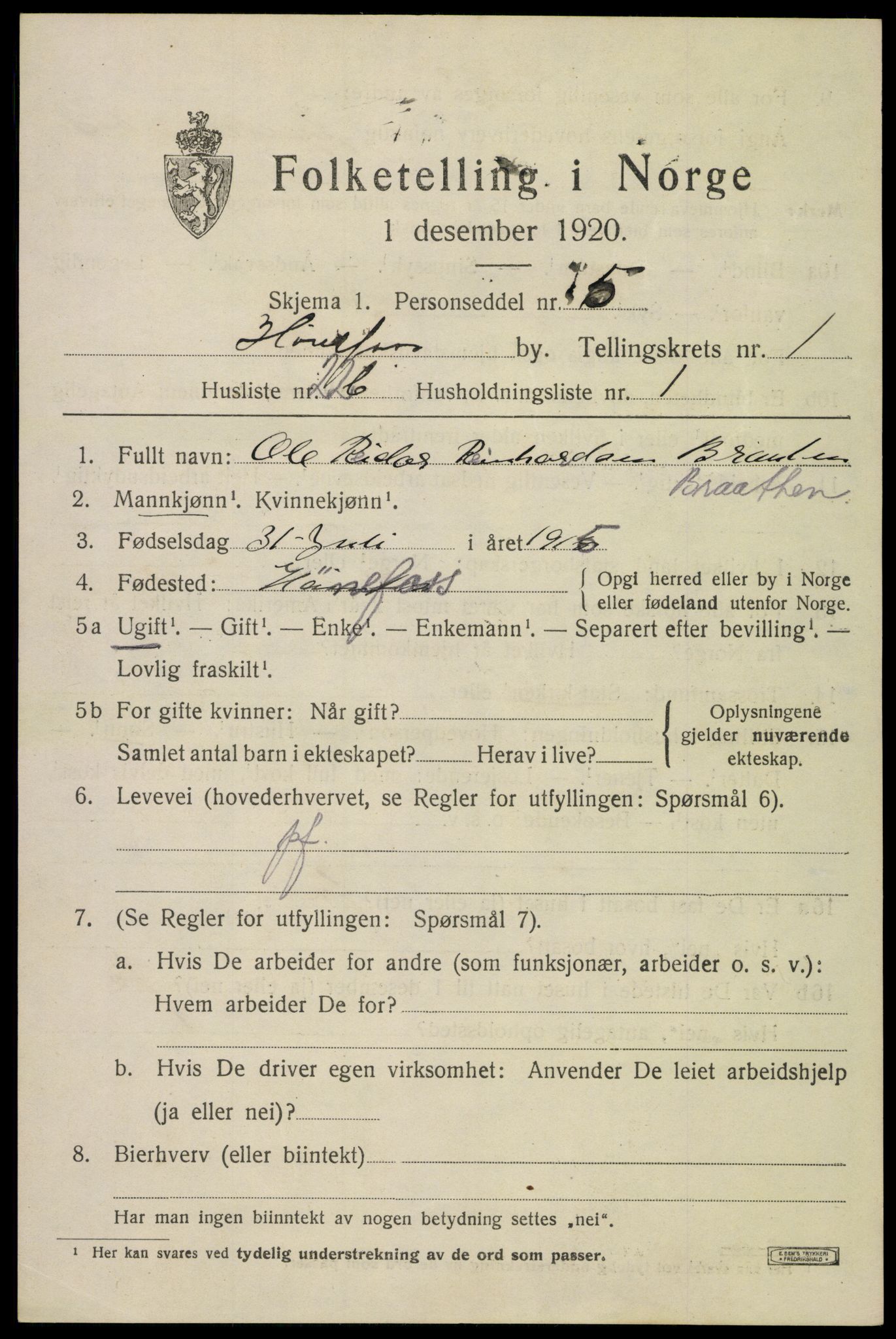SAKO, Folketelling 1920 for 0601 Hønefoss kjøpstad, 1920, s. 2748