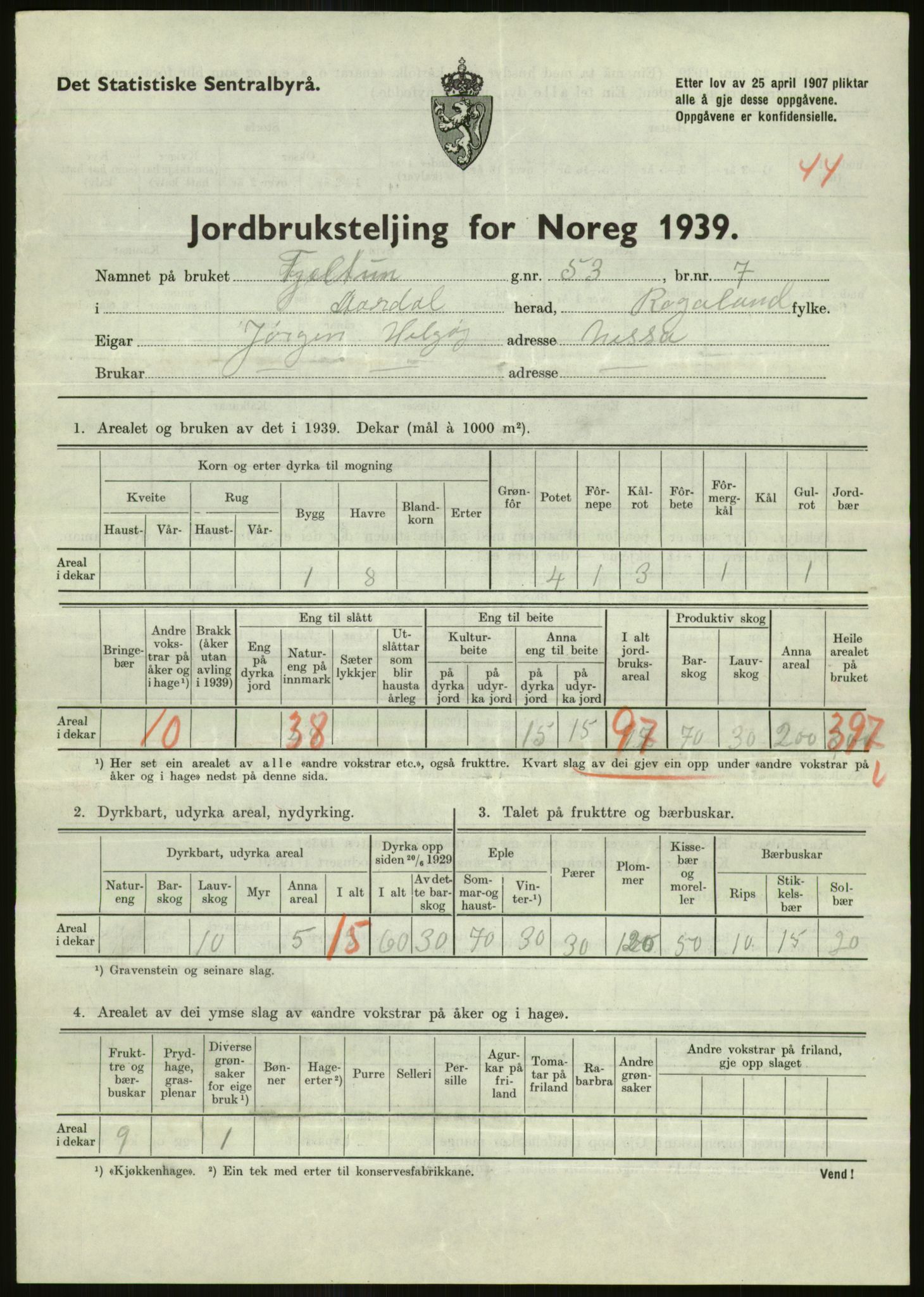 Statistisk sentralbyrå, Næringsøkonomiske emner, Jordbruk, skogbruk, jakt, fiske og fangst, AV/RA-S-2234/G/Gb/L0184: Rogaland: Årdal, Fister og Hjelmeland, 1939, s. 755