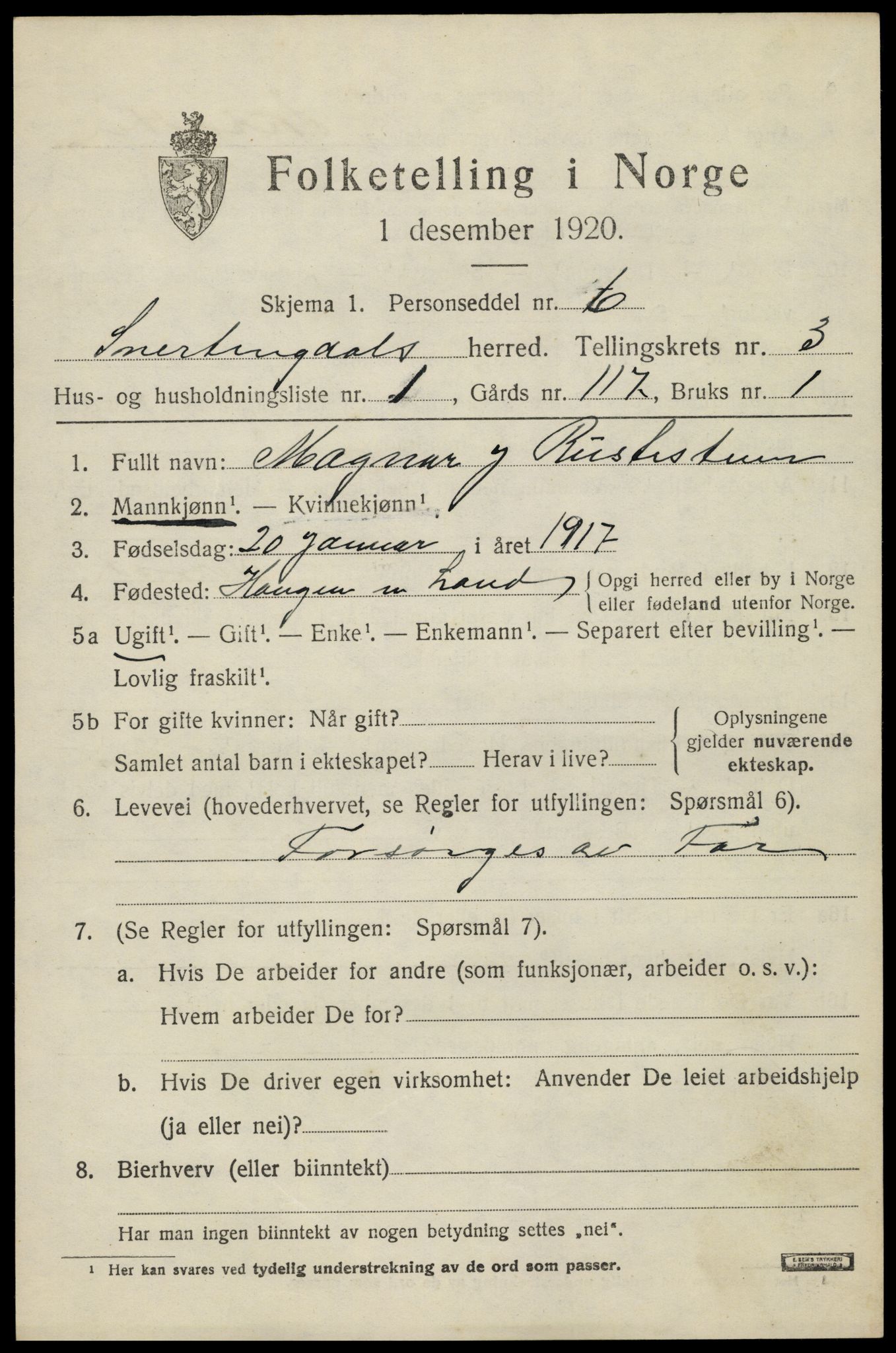 SAH, Folketelling 1920 for 0526 Snertingdal herred, 1920, s. 2607