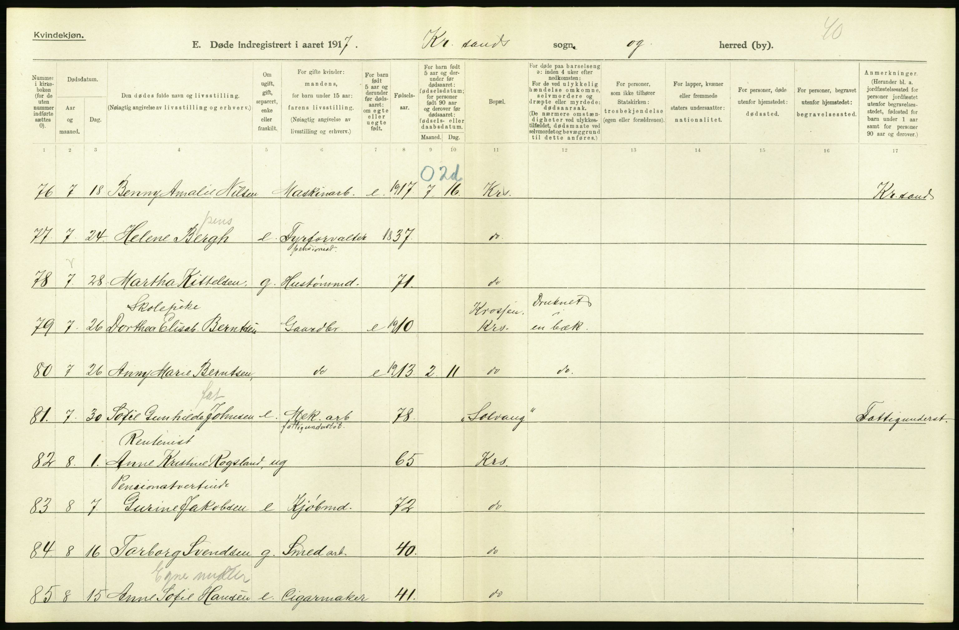 Statistisk sentralbyrå, Sosiodemografiske emner, Befolkning, AV/RA-S-2228/D/Df/Dfb/Dfbg/L0030: Lister og Mandals amt: Gifte, døde, dødfødte. Bygder og byer., 1917, s. 300