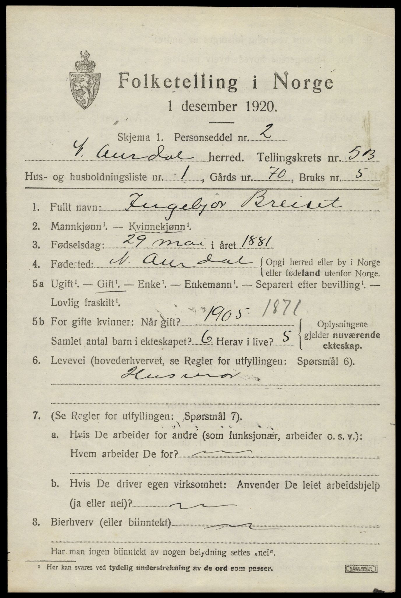 SAH, Folketelling 1920 for 0542 Nord-Aurdal herred, 1920, s. 5114