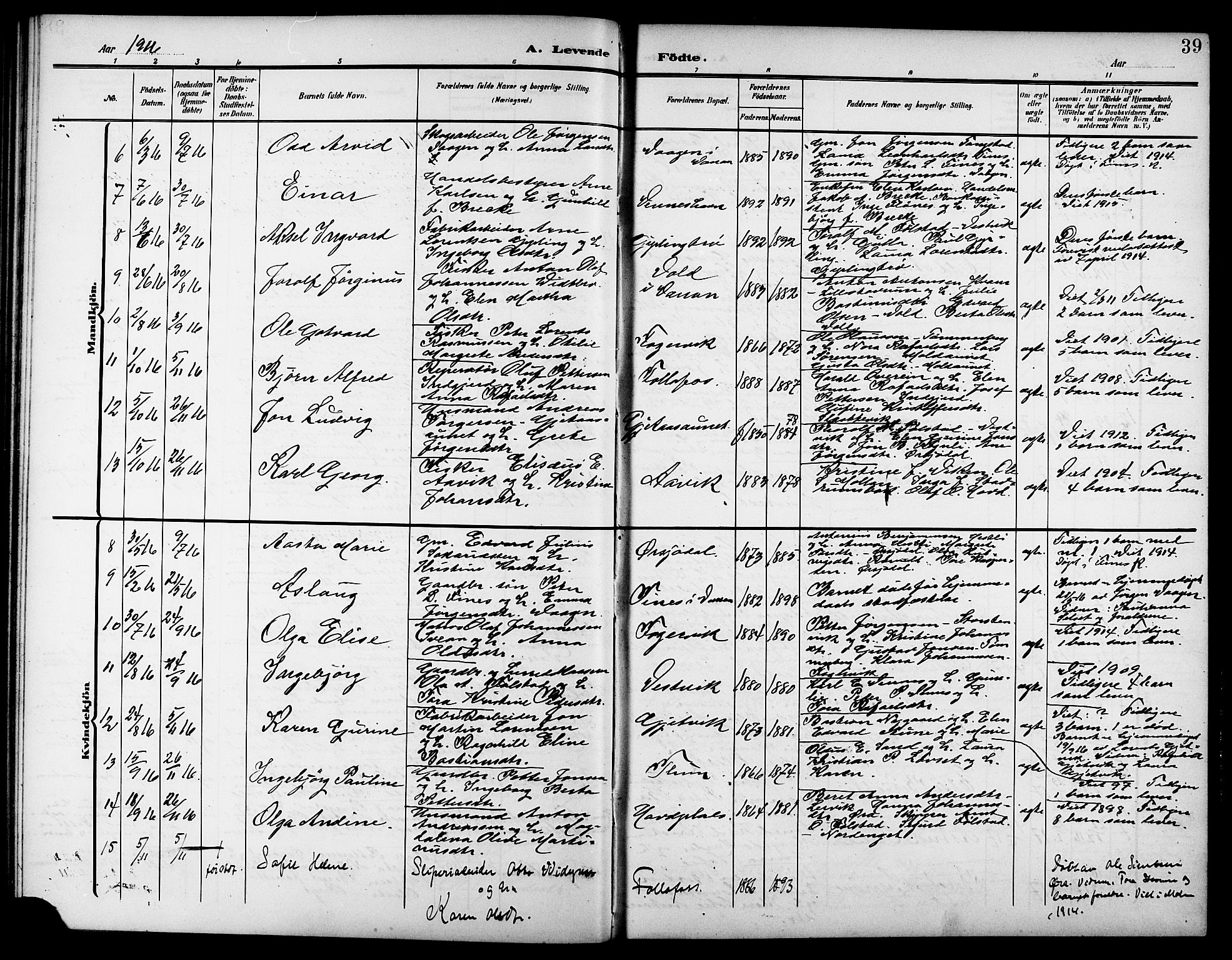 Ministerialprotokoller, klokkerbøker og fødselsregistre - Nord-Trøndelag, AV/SAT-A-1458/744/L0424: Klokkerbok nr. 744C03, 1906-1923, s. 39
