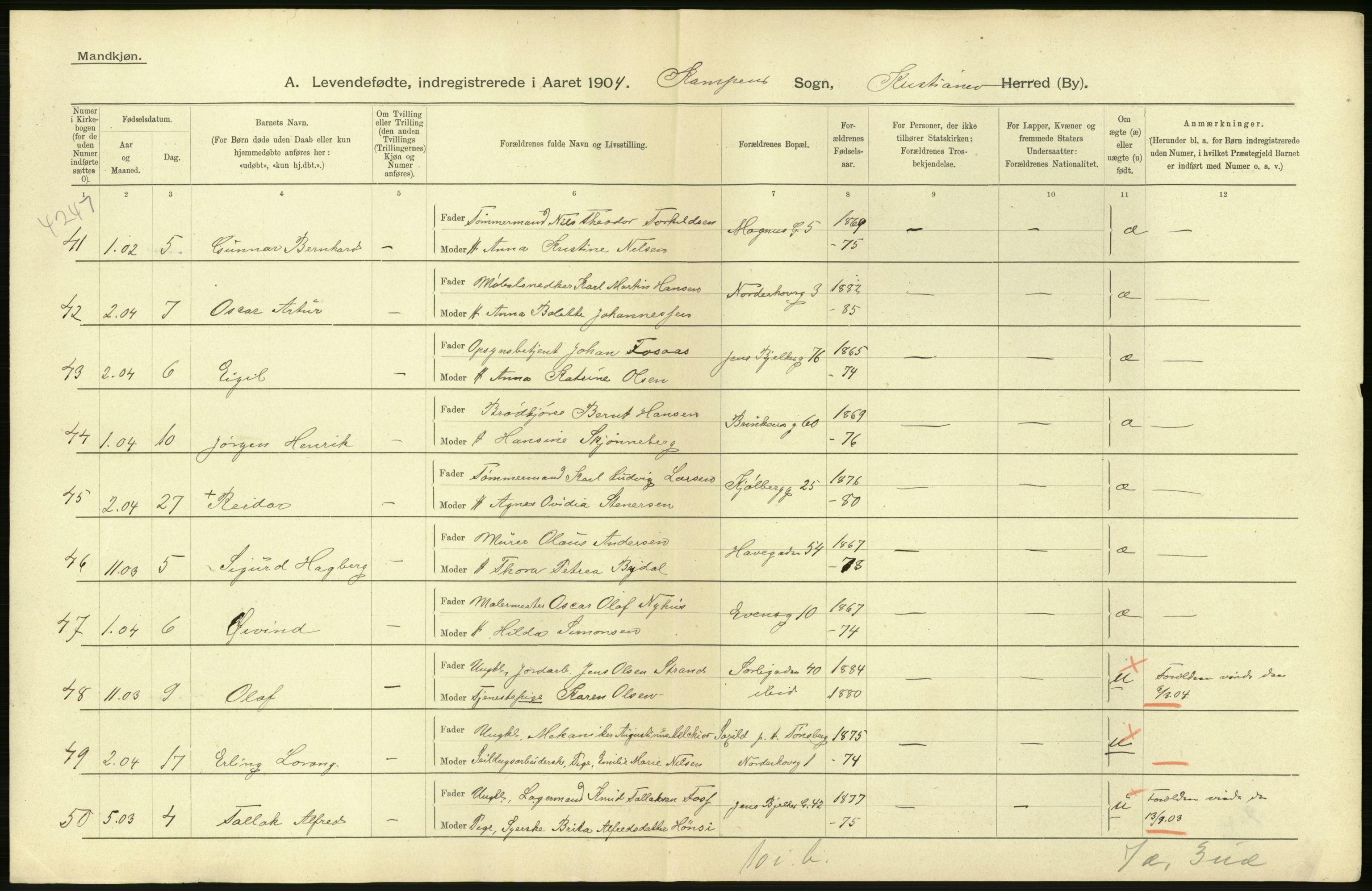 Statistisk sentralbyrå, Sosiodemografiske emner, Befolkning, AV/RA-S-2228/D/Df/Dfa/Dfab/L0003: Kristiania: Fødte, 1904, s. 84