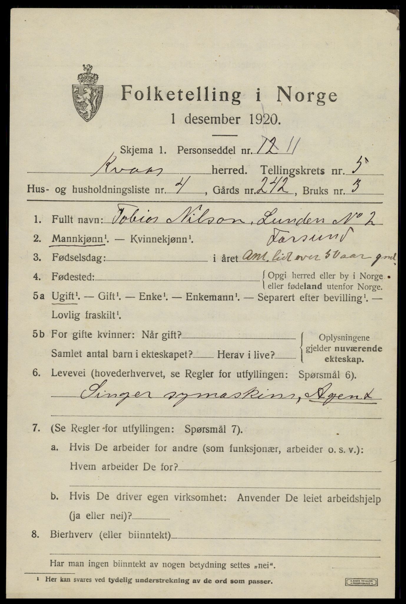 SAK, Folketelling 1920 for 1033 Kvås herred, 1920, s. 1332