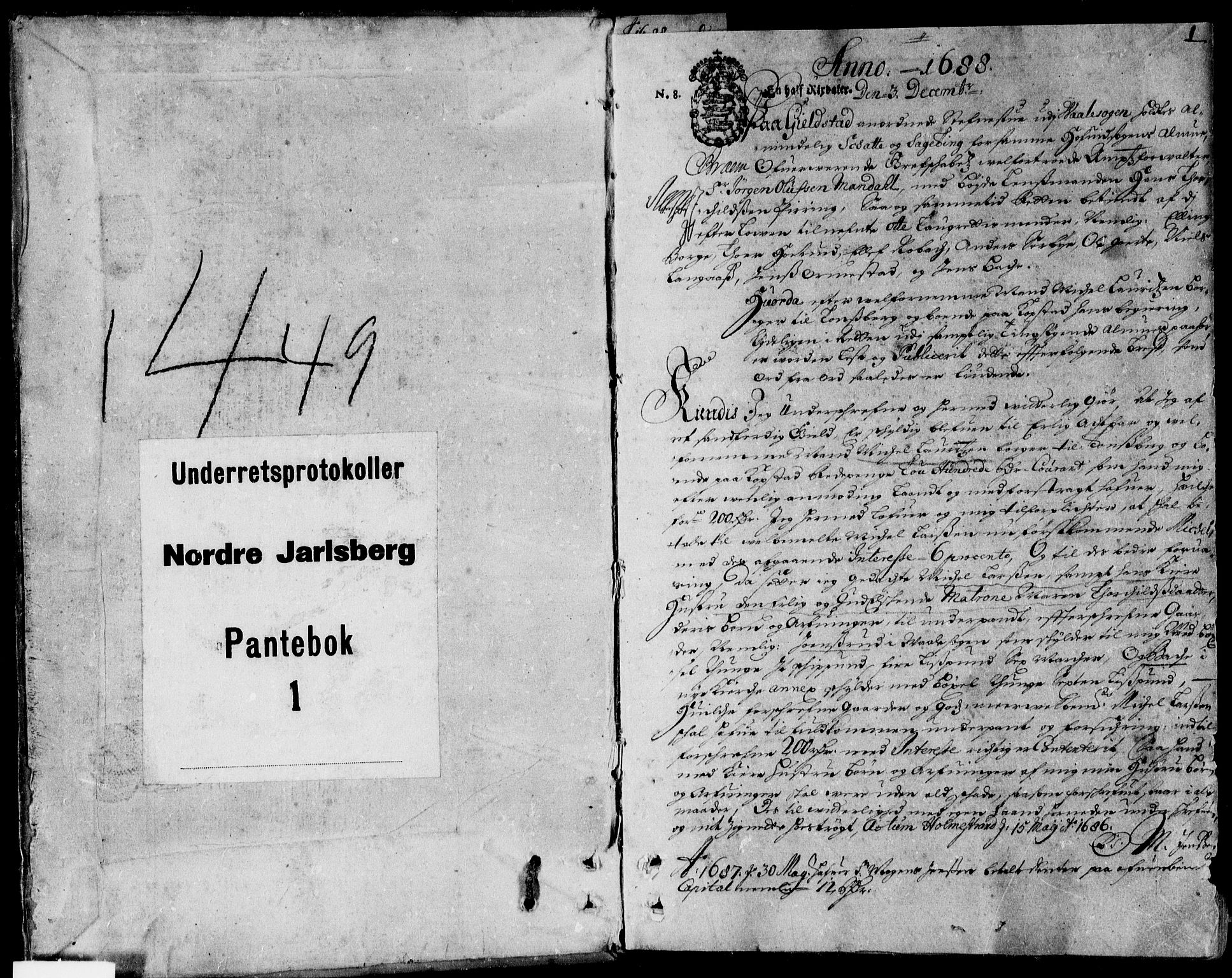 Nordre Jarlsberg sorenskriveri, SAKO/A-80/G/Ga/Gaa/L0001: Pantebok nr. 1, 1688-1699, s. 1