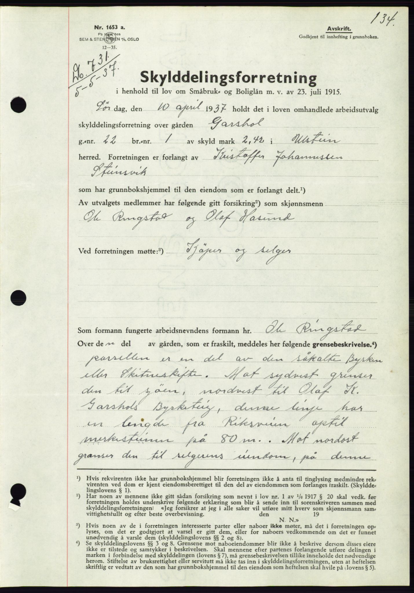 Søre Sunnmøre sorenskriveri, AV/SAT-A-4122/1/2/2C/L0063: Pantebok nr. 57, 1937-1937, Dagboknr: 731/1937