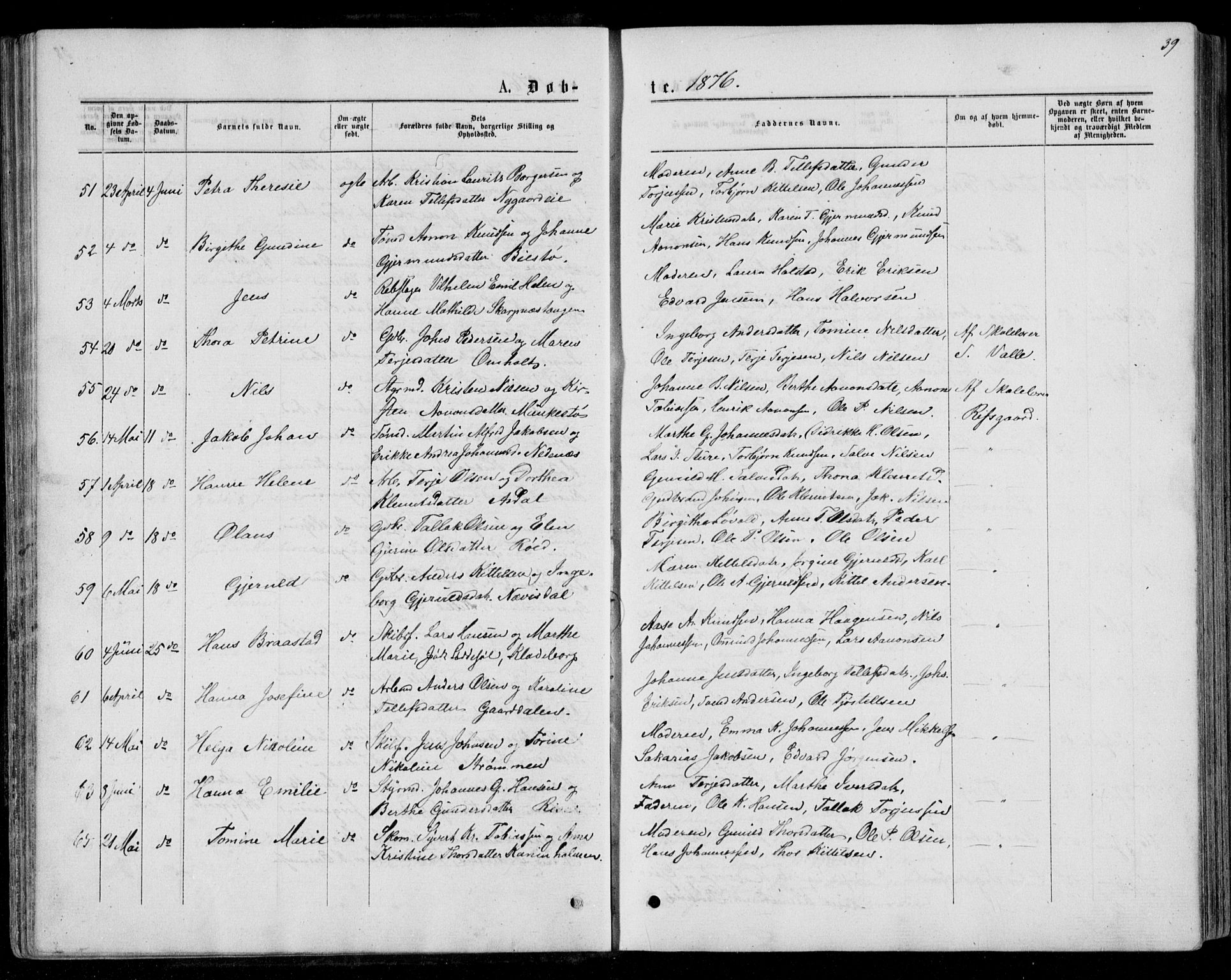 Øyestad sokneprestkontor, AV/SAK-1111-0049/F/Fb/L0008: Klokkerbok nr. B 8, 1872-1886, s. 39