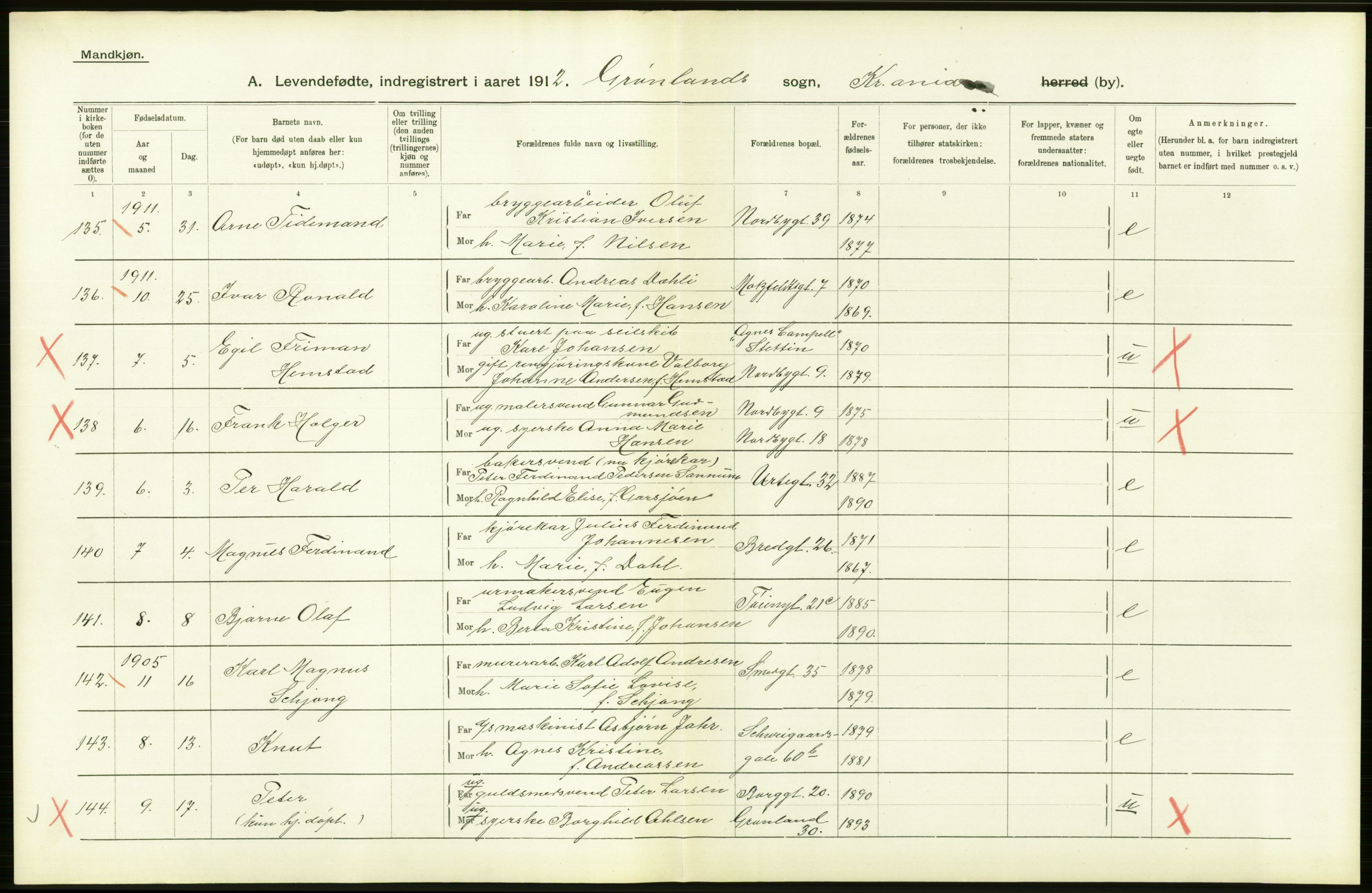 Statistisk sentralbyrå, Sosiodemografiske emner, Befolkning, RA/S-2228/D/Df/Dfb/Dfbb/L0006: Kristiania:  Levendefødte menn og kvinner., 1912, s. 412