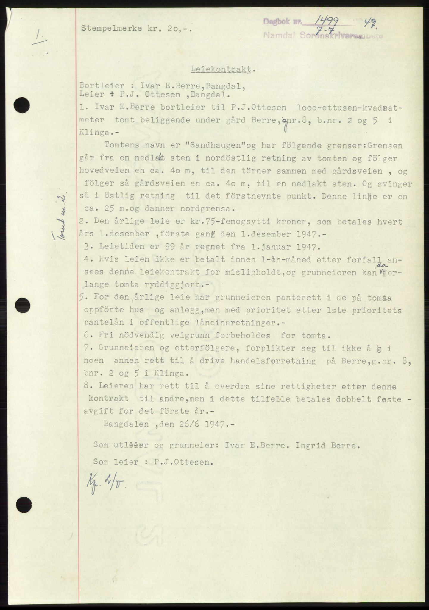 Namdal sorenskriveri, SAT/A-4133/1/2/2C: Pantebok nr. -, 1947-1947, Dagboknr: 1499/1947