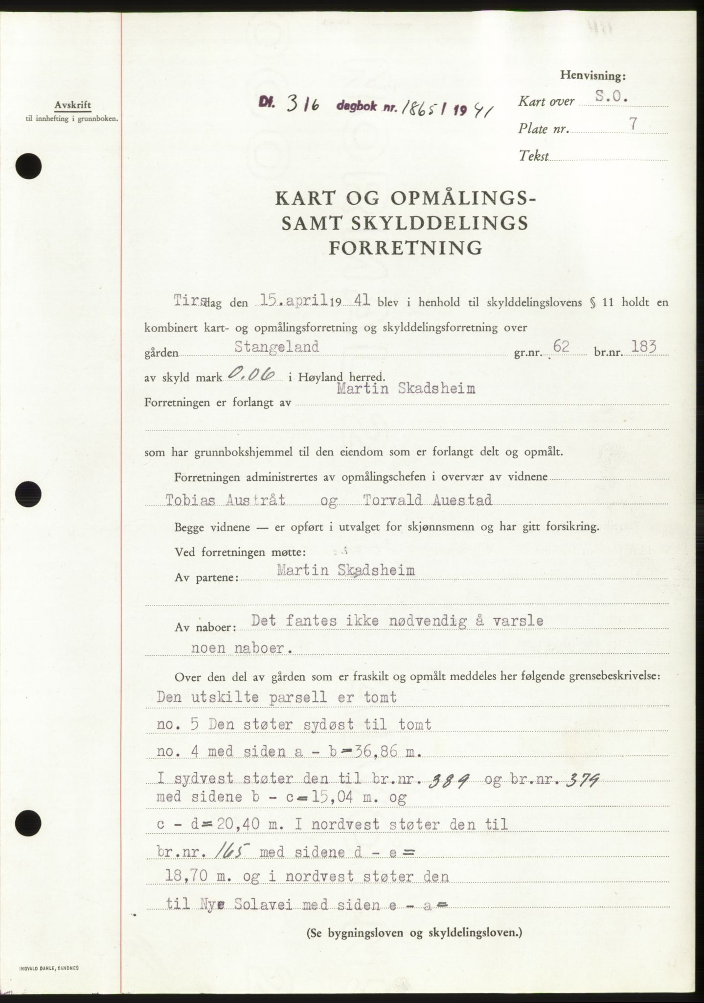 Jæren sorenskriveri, SAST/A-100310/03/G/Gba/L0080: Pantebok, 1941-1941, Dagboknr: 1865/1941