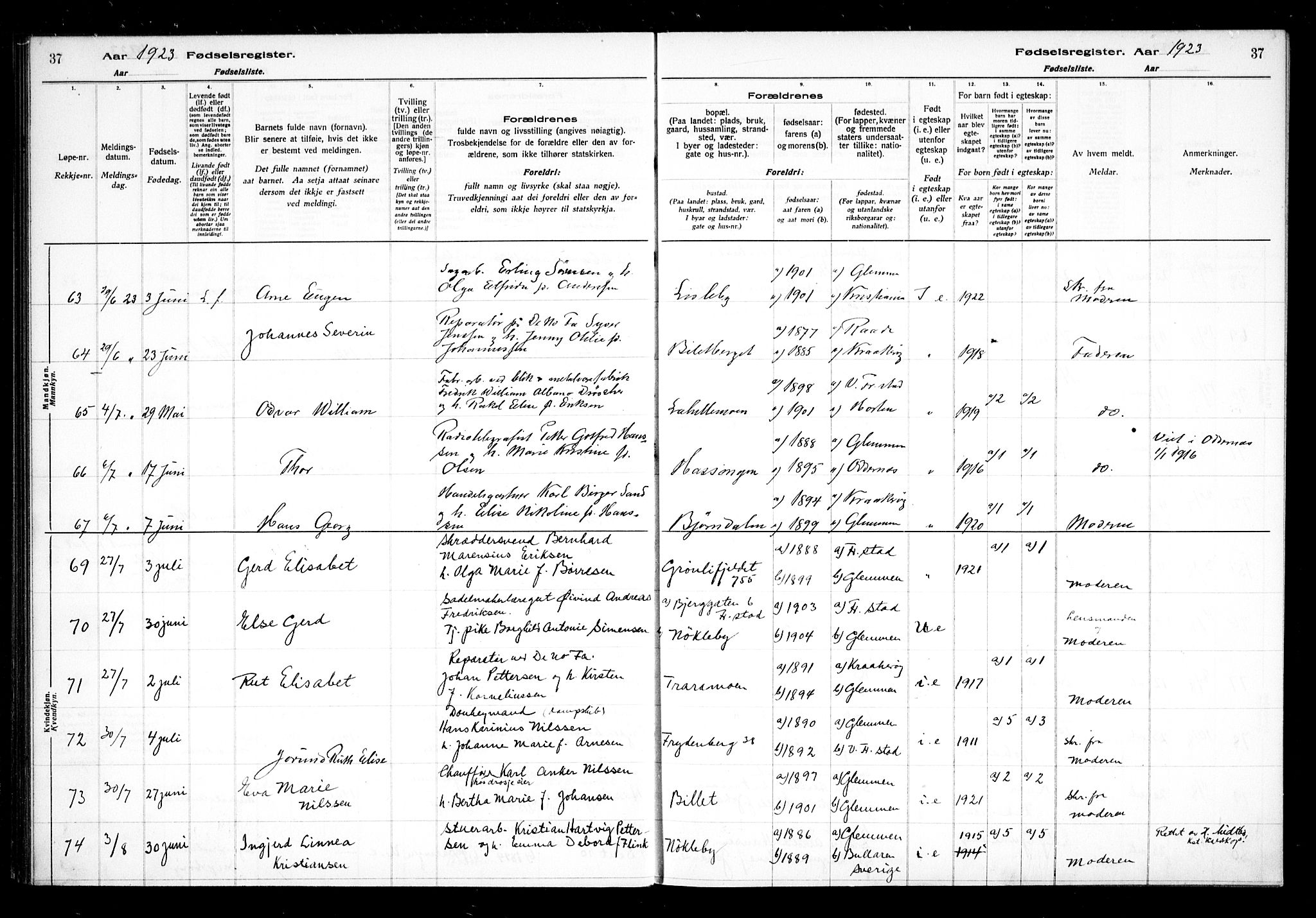 Glemmen prestekontor Kirkebøker, AV/SAO-A-10908/J/Ja/L0002: Fødselsregister nr. I 2, 1922-1929, s. 37