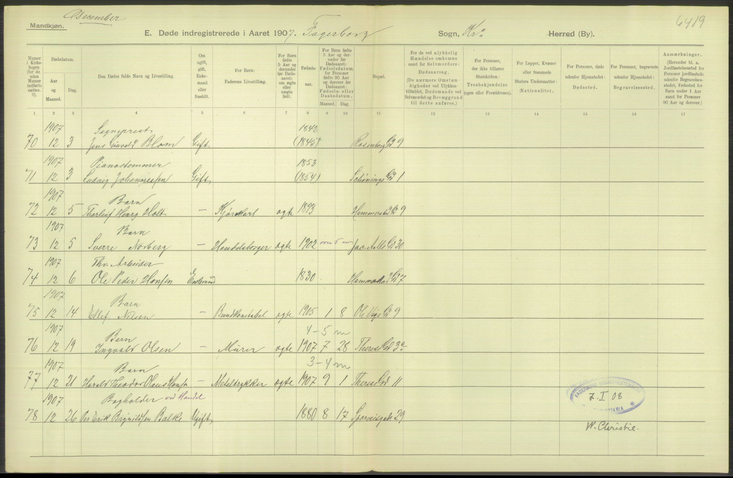 Statistisk sentralbyrå, Sosiodemografiske emner, Befolkning, RA/S-2228/D/Df/Dfa/Dfae/L0010: Kristiania: Døde, dødfødte, 1907, s. 538