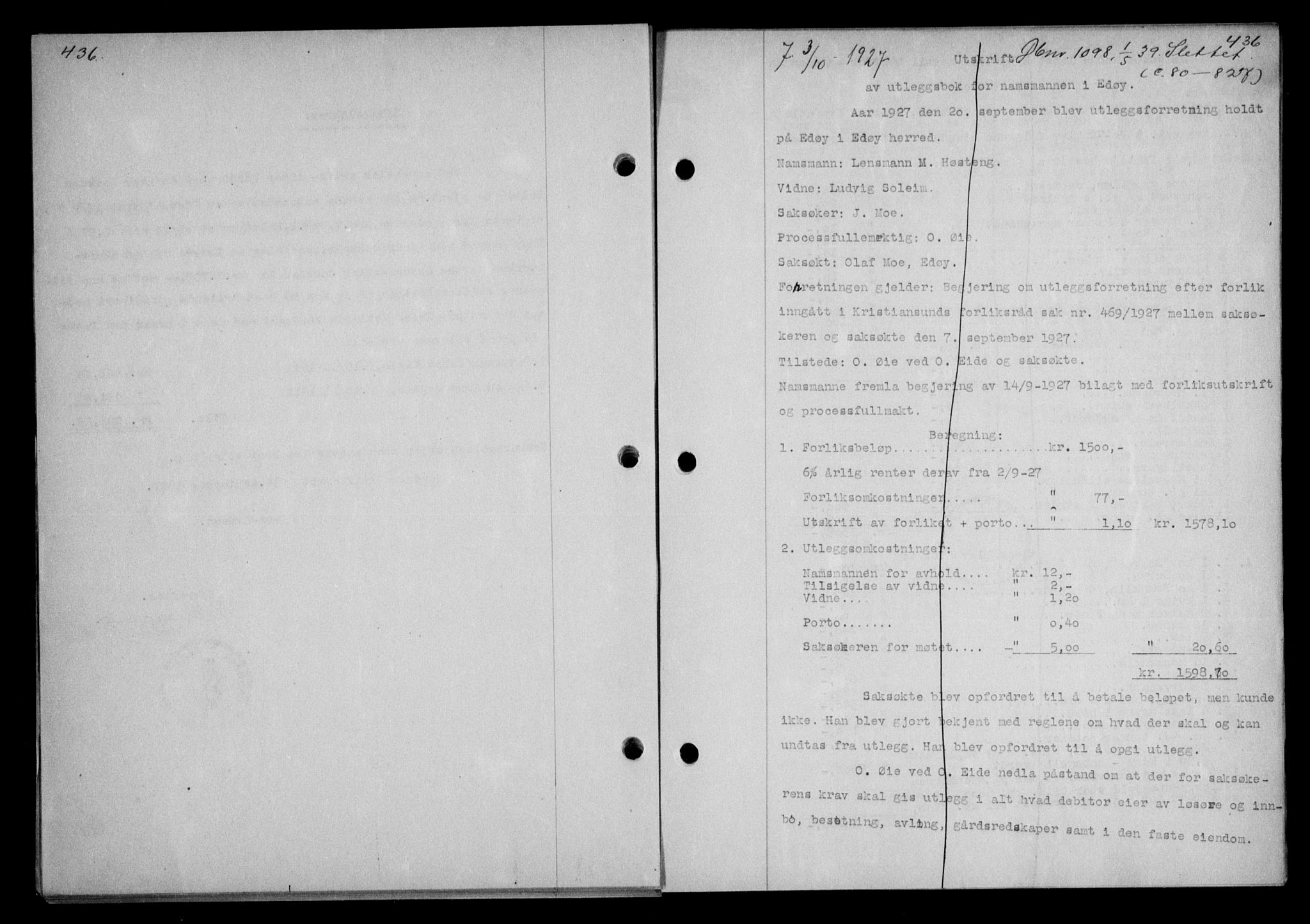 Nordmøre sorenskriveri, AV/SAT-A-4132/1/2/2Ca/L0062: Pantebok nr. 52, 1927-1927, Tingl.dato: 03.10.1927