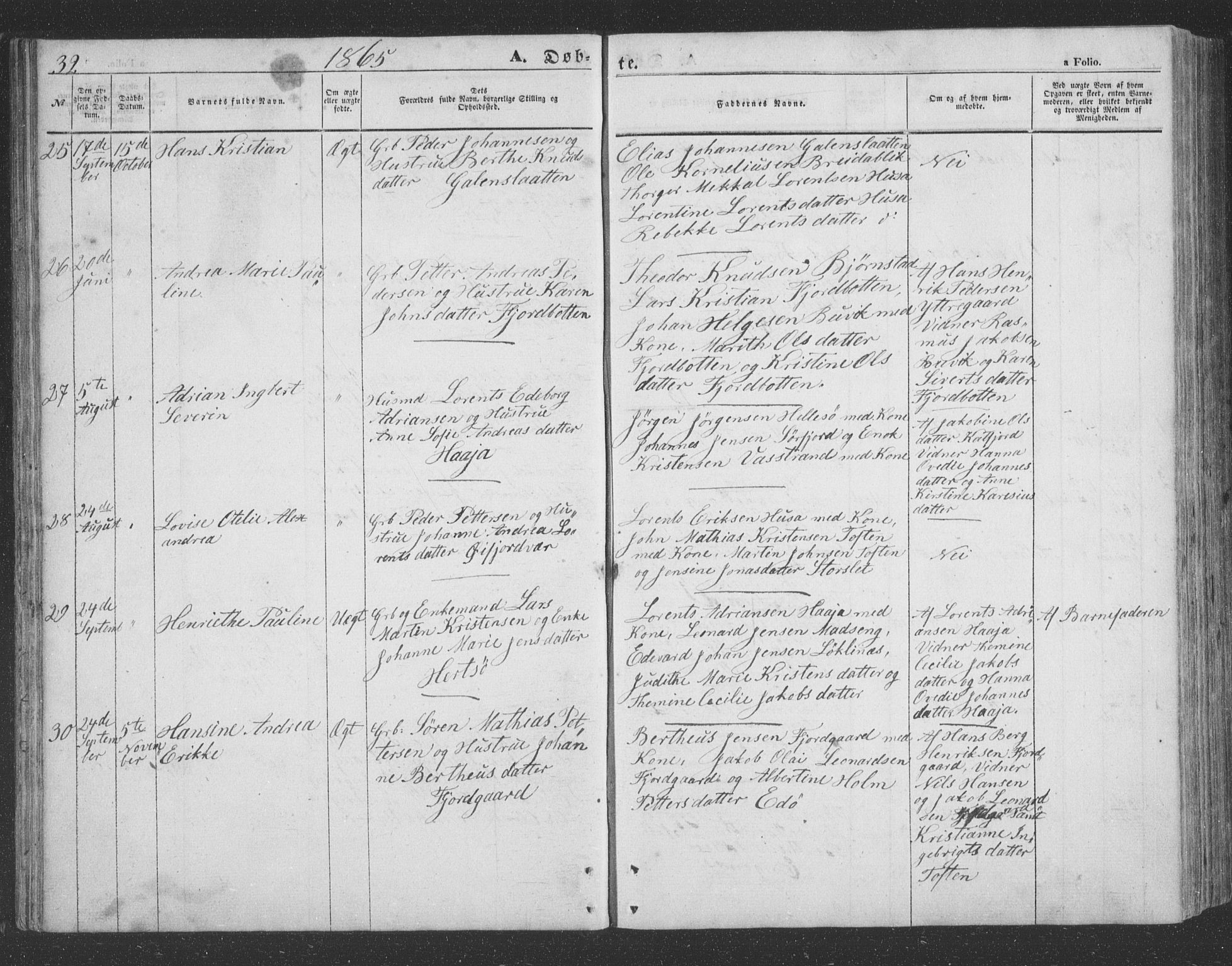 Lenvik sokneprestembete, AV/SATØ-S-1310/H/Ha/Hab/L0020klokker: Klokkerbok nr. 20, 1855-1883, s. 32