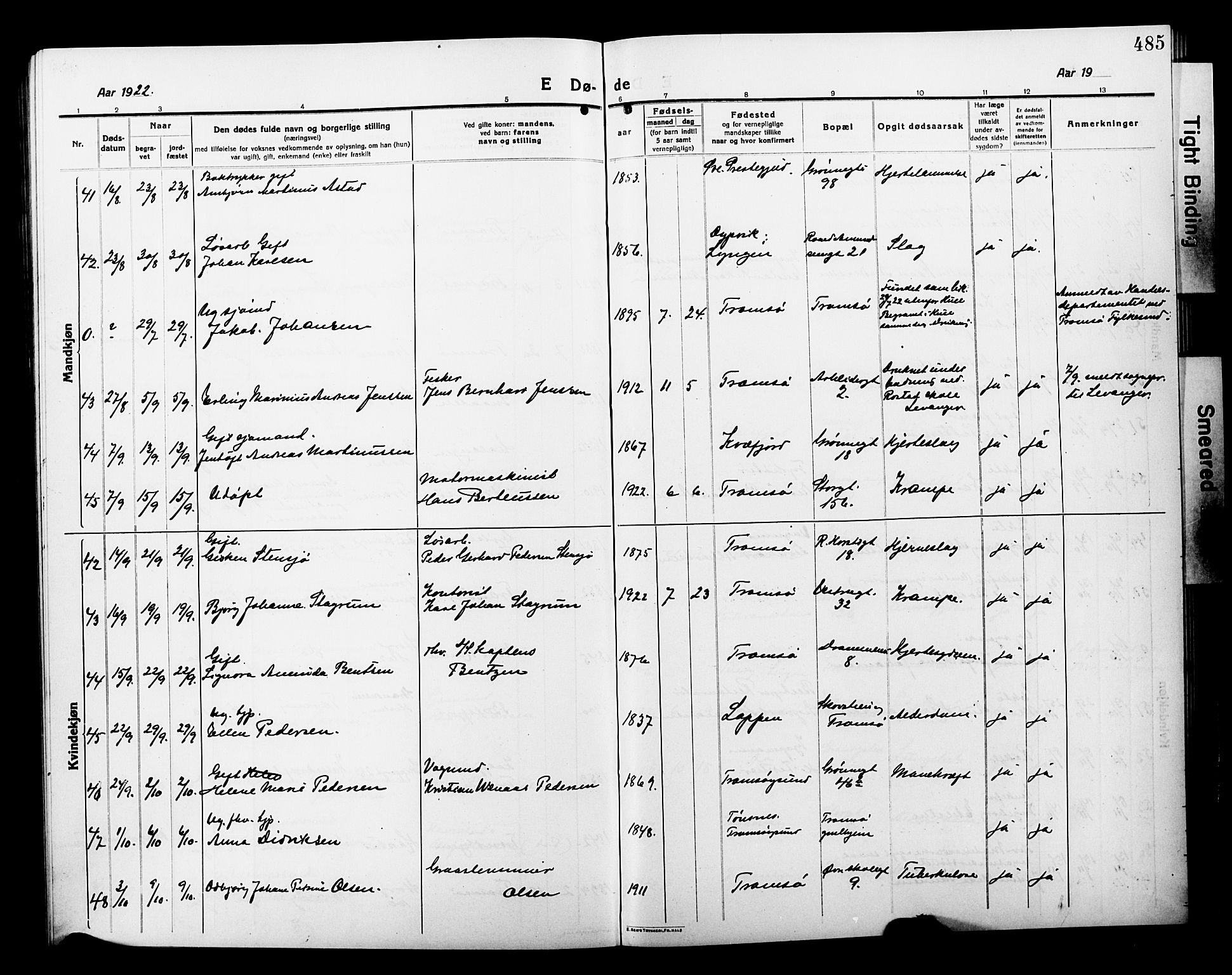 Tromsø sokneprestkontor/stiftsprosti/domprosti, AV/SATØ-S-1343/G/Gb/L0009klokker: Klokkerbok nr. 9, 1915-1925, s. 485