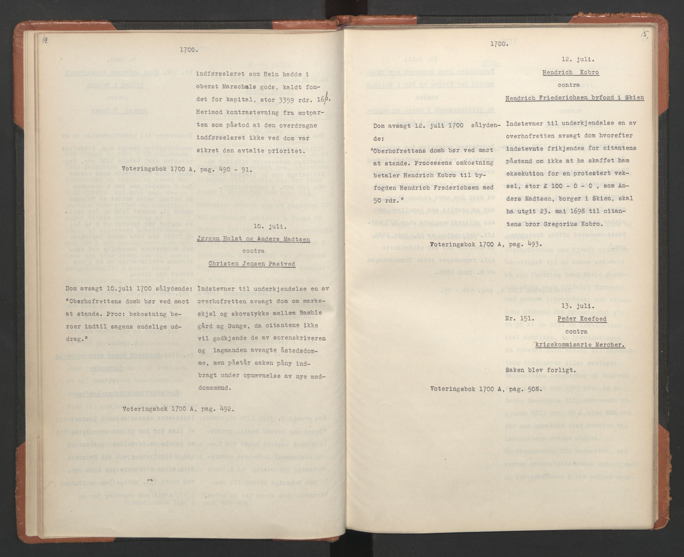 Avskriftsamlingen, AV/RA-EA-4022/F/Fc/L0133: Høyesteretts voteringsbøker, 1700-1708, s. 14-15