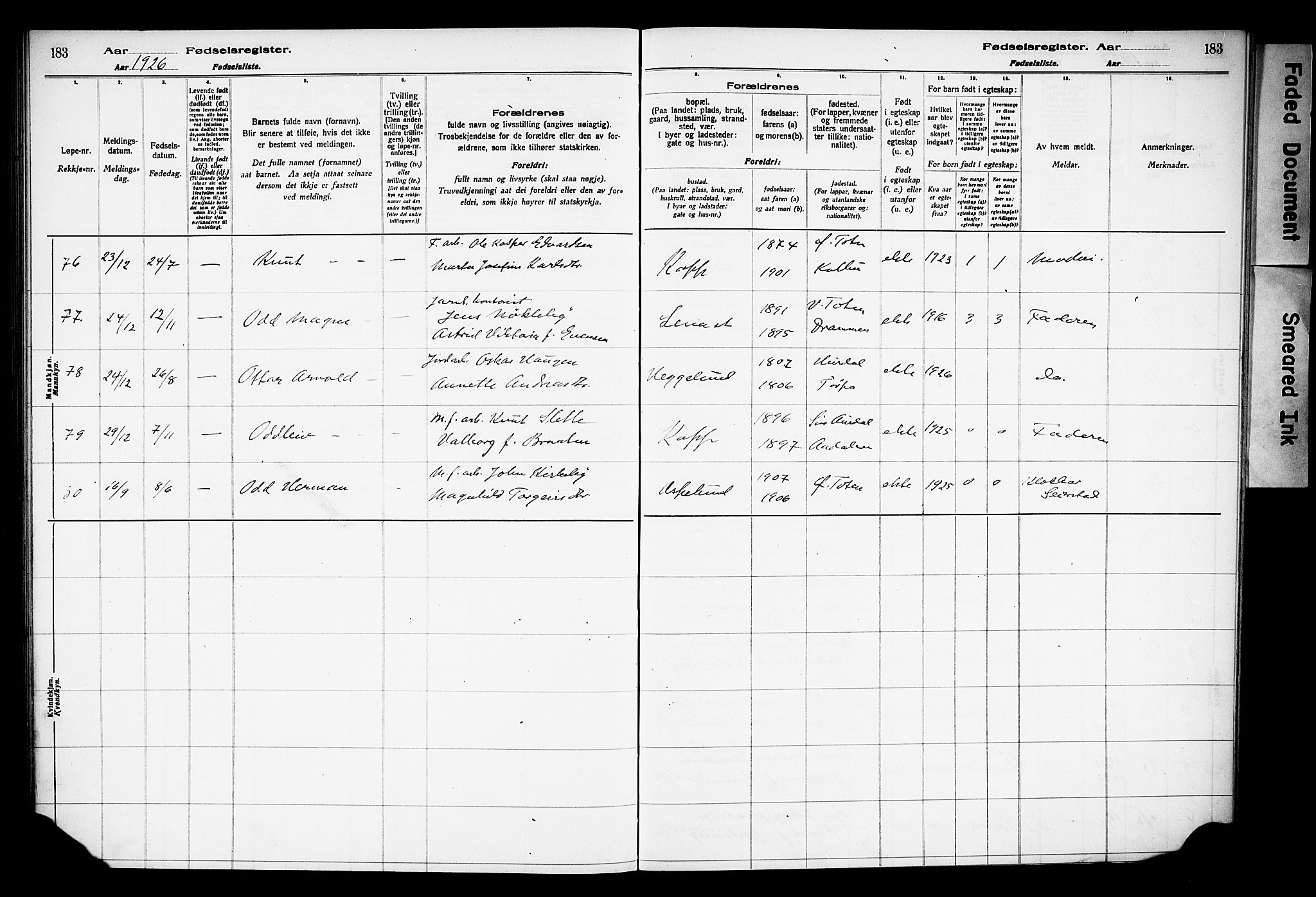 Østre Toten prestekontor, AV/SAH-PREST-104/I/Id/L0001/0001: Fødselsregister nr. 1.1, 1916-1928, s. 183