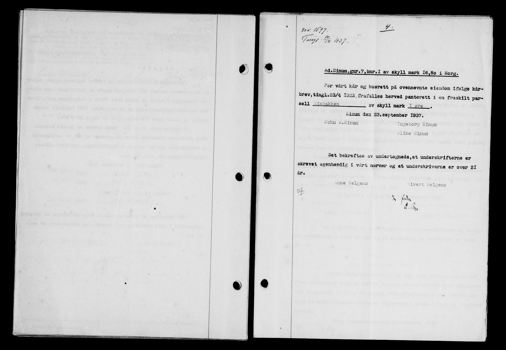 Gauldal sorenskriveri, SAT/A-0014/1/2/2C/L0048: Pantebok nr. 51-52, 1937-1938, s. 4, Dagboknr: 1597/1937