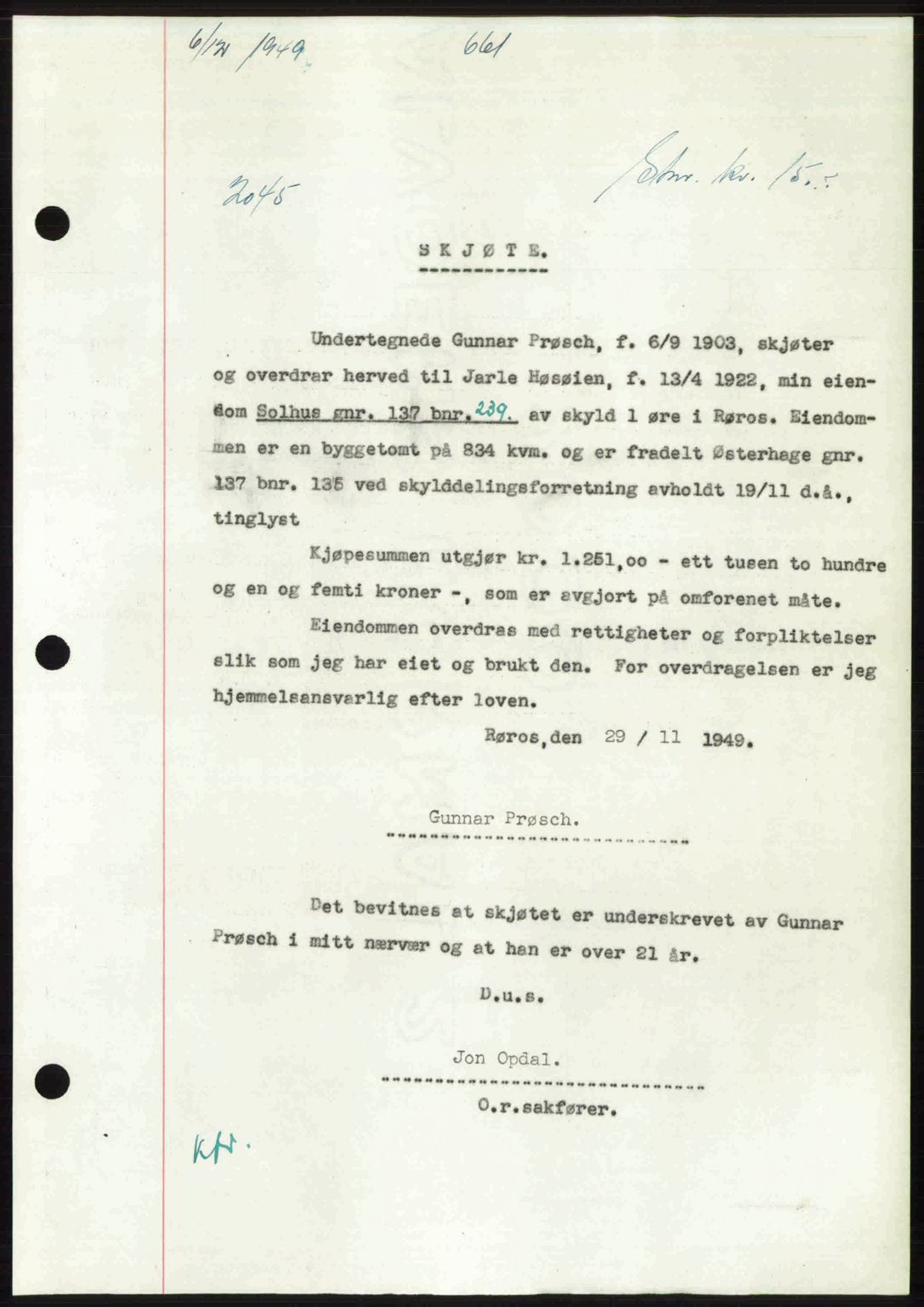 Gauldal sorenskriveri, SAT/A-0014/1/2/2C: Pantebok nr. A9, 1949-1950, Dagboknr: 2045/1949