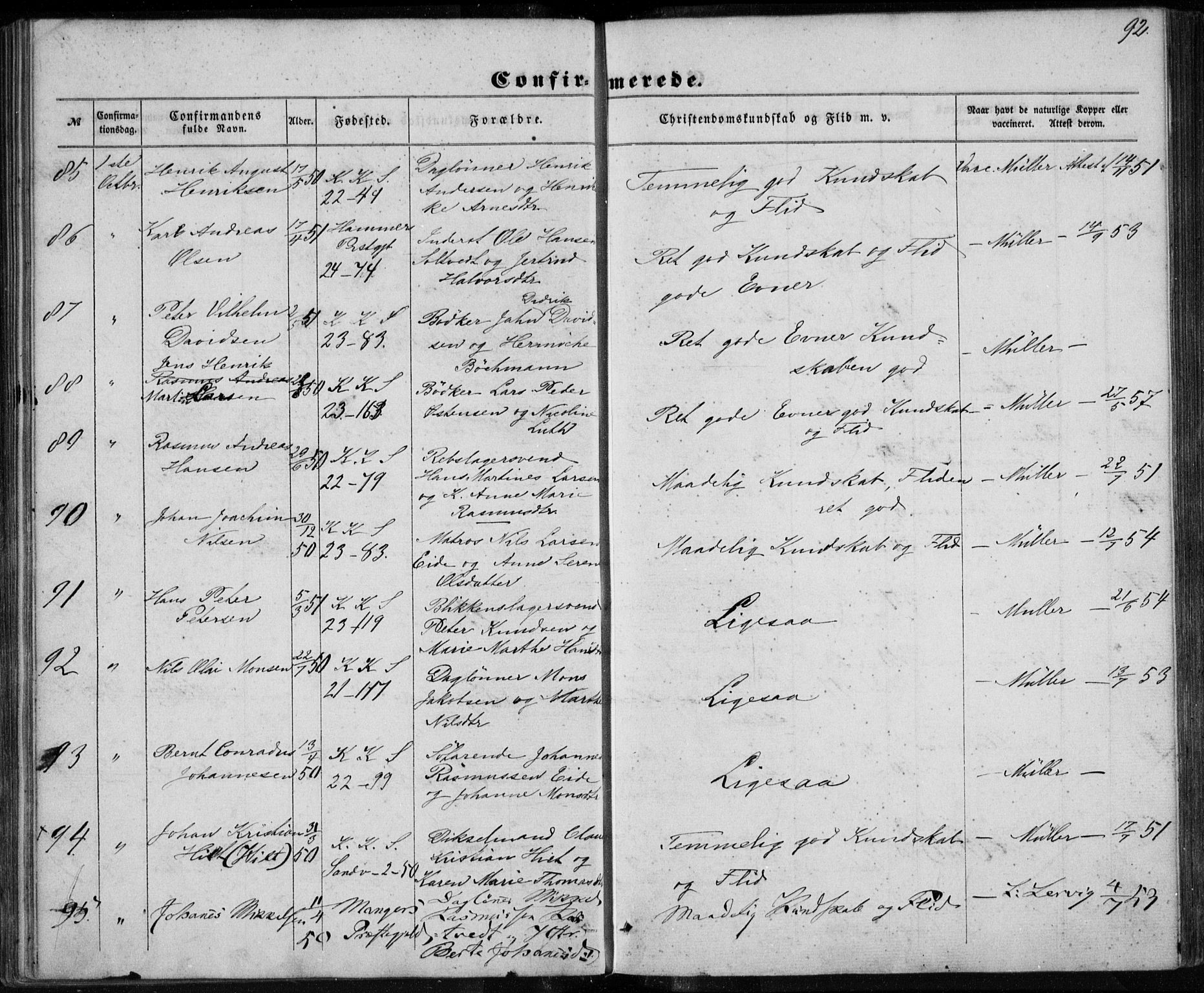 Korskirken sokneprestembete, SAB/A-76101/H/Haa/L0027: Ministerialbok nr. C 3, 1854-1868, s. 92