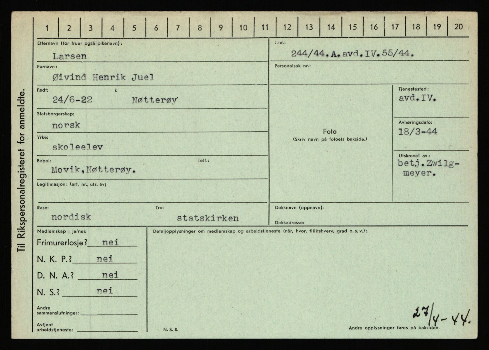 Statspolitiet - Hovedkontoret / Osloavdelingen, AV/RA-S-1329/C/Ca/L0009: Knutsen - Limstrand, 1943-1945, s. 3943