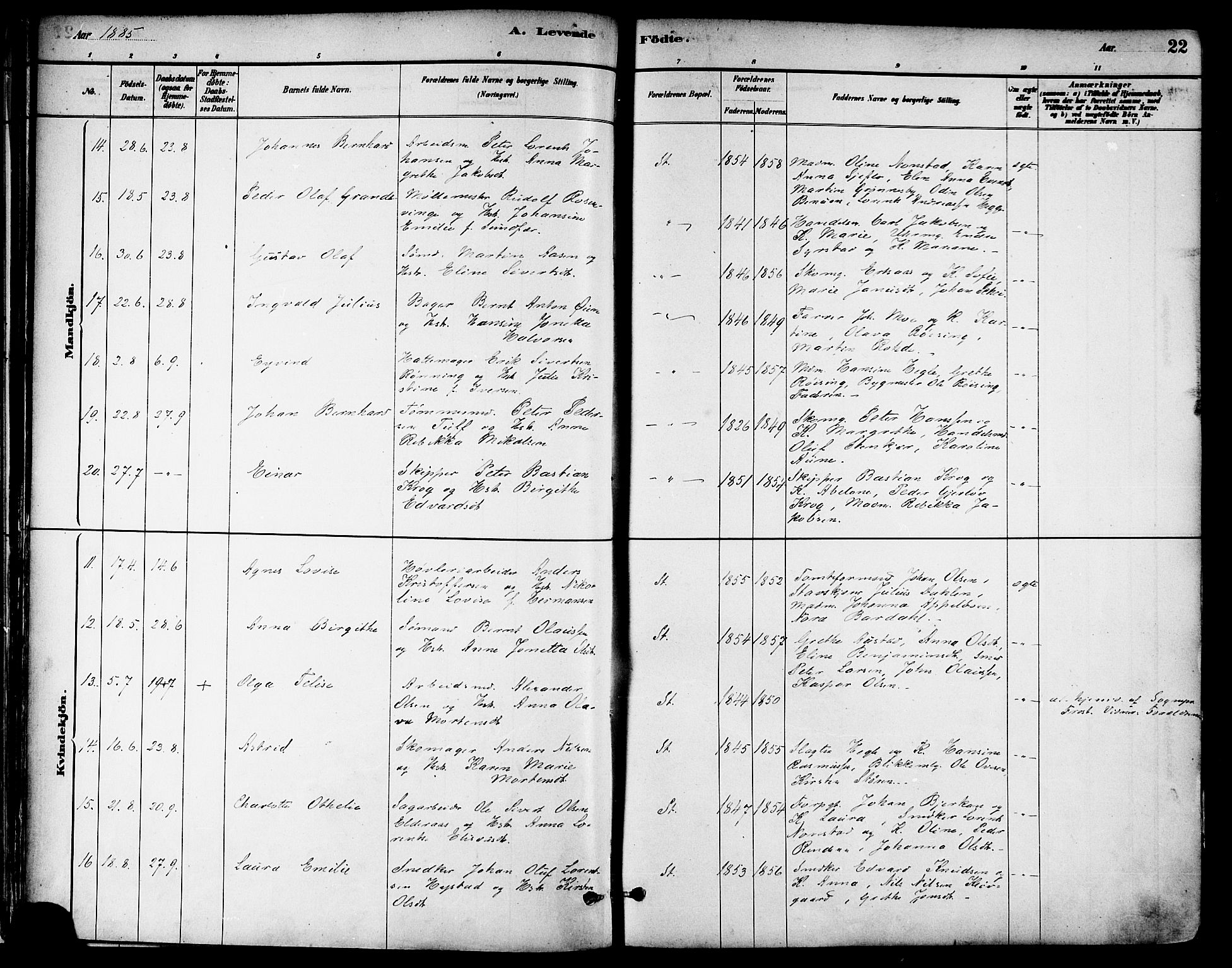 Ministerialprotokoller, klokkerbøker og fødselsregistre - Nord-Trøndelag, AV/SAT-A-1458/739/L0371: Ministerialbok nr. 739A03, 1881-1895, s. 22
