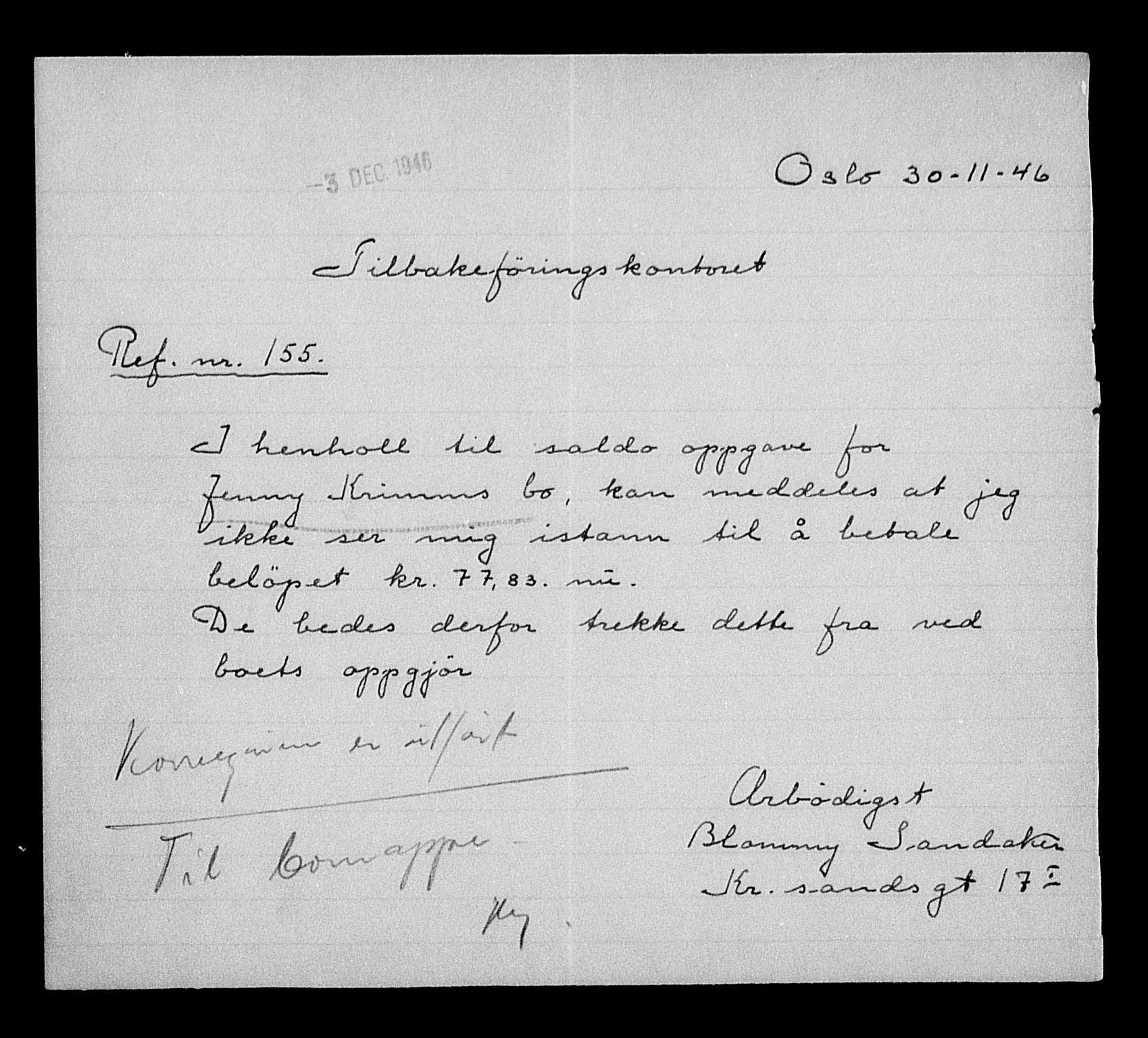 Justisdepartementet, Tilbakeføringskontoret for inndratte formuer, AV/RA-S-1564/H/Hc/Hcc/L0953: --, 1945-1947, s. 226