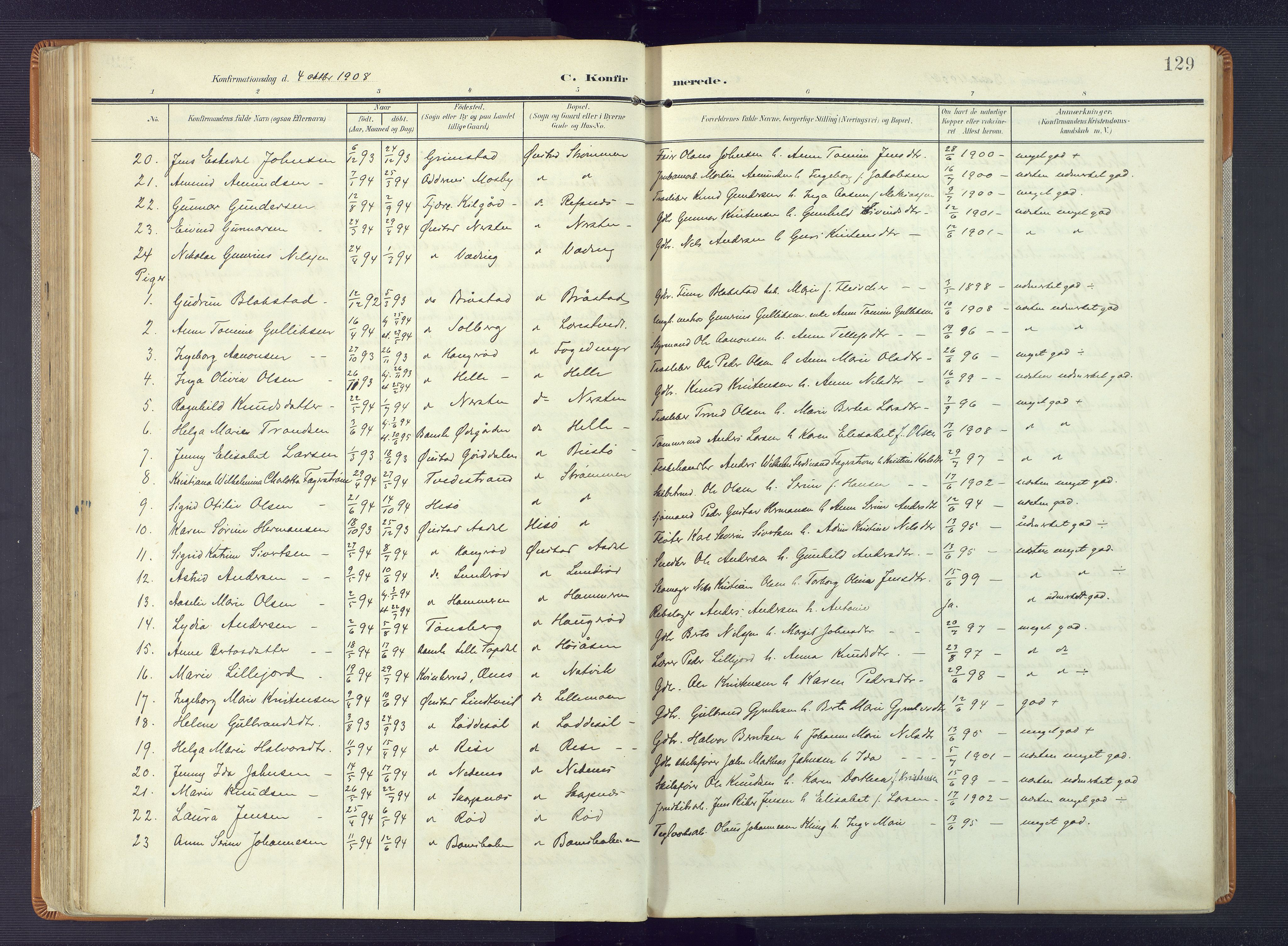 Øyestad sokneprestkontor, AV/SAK-1111-0049/F/Fa/L0019: Ministerialbok nr. A 19, 1908-1922, s. 129