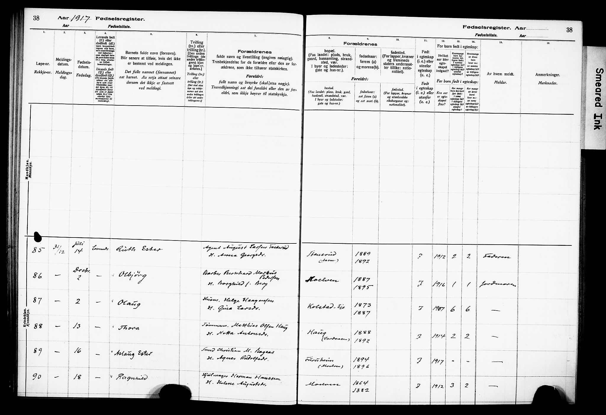 Ringsaker prestekontor, AV/SAH-PREST-014/O/Oa/L0001: Fødselsregister nr. 1, 1916-1925, s. 38
