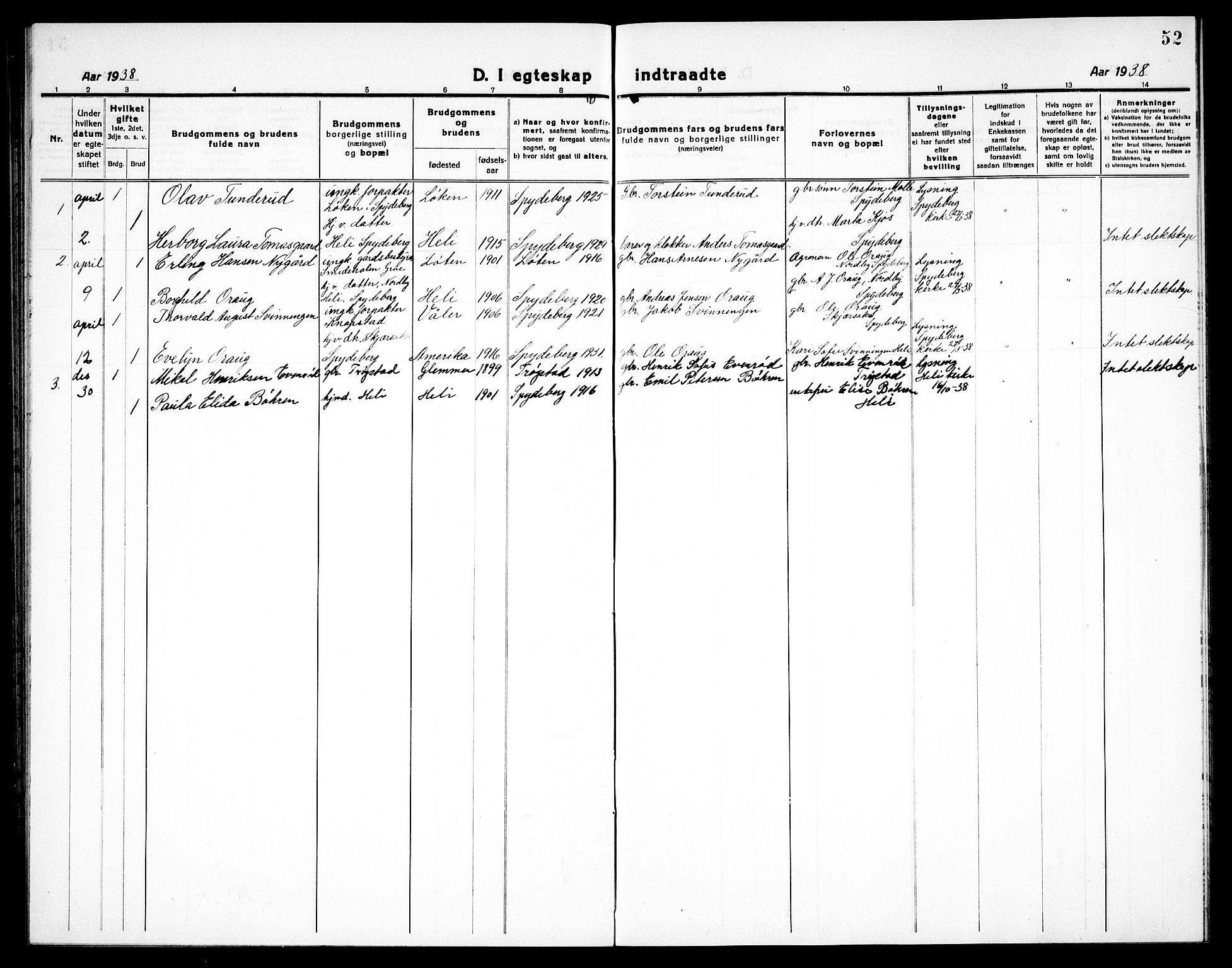 Spydeberg prestekontor Kirkebøker, AV/SAO-A-10924/G/Gc/L0002: Klokkerbok nr. III 2, 1918-1939, s. 52